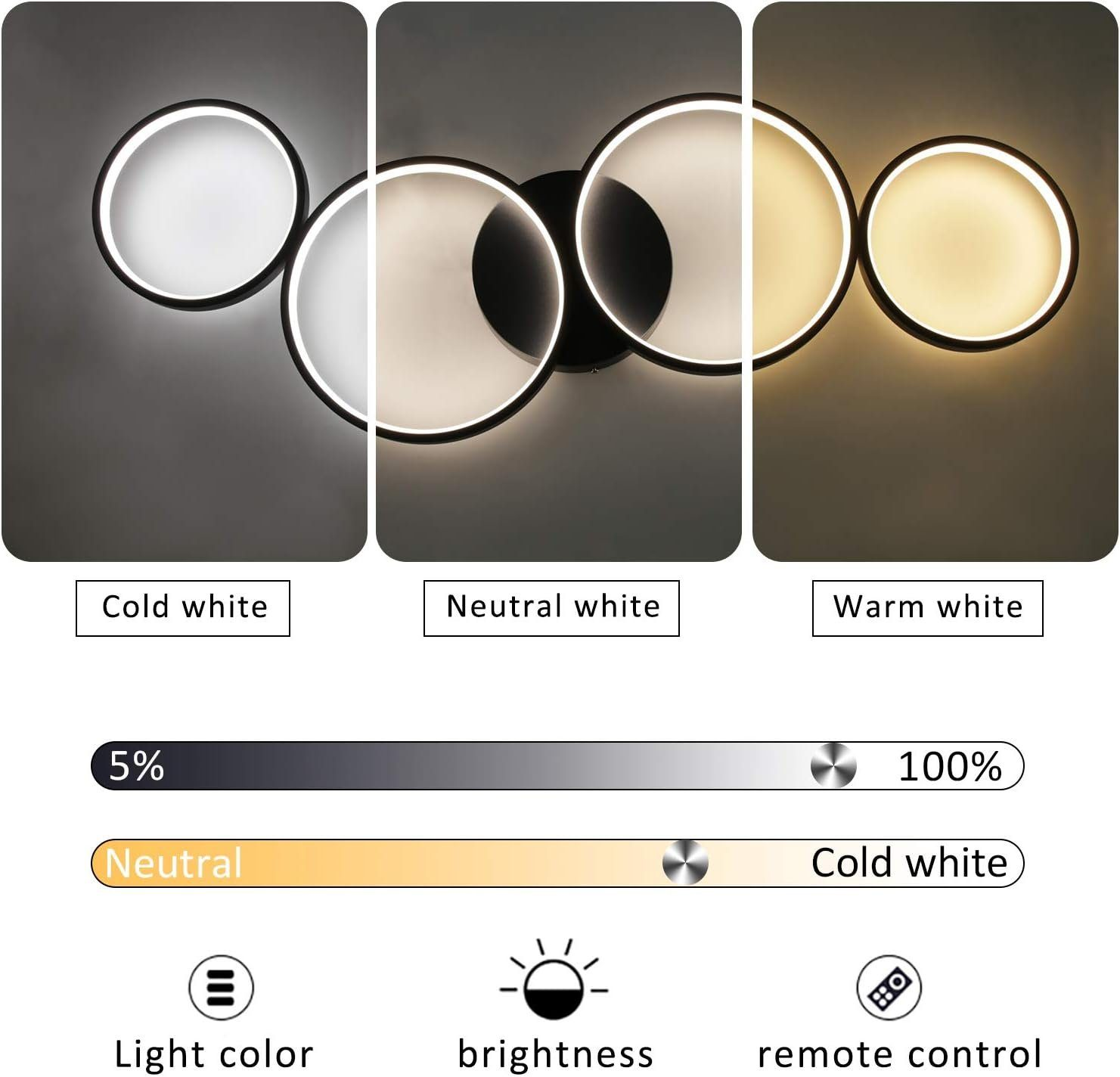 Trzy okrągłe lampy sufitowe o różnych temperaturach barwowych; neutralnej, zimnej i ciepłej.