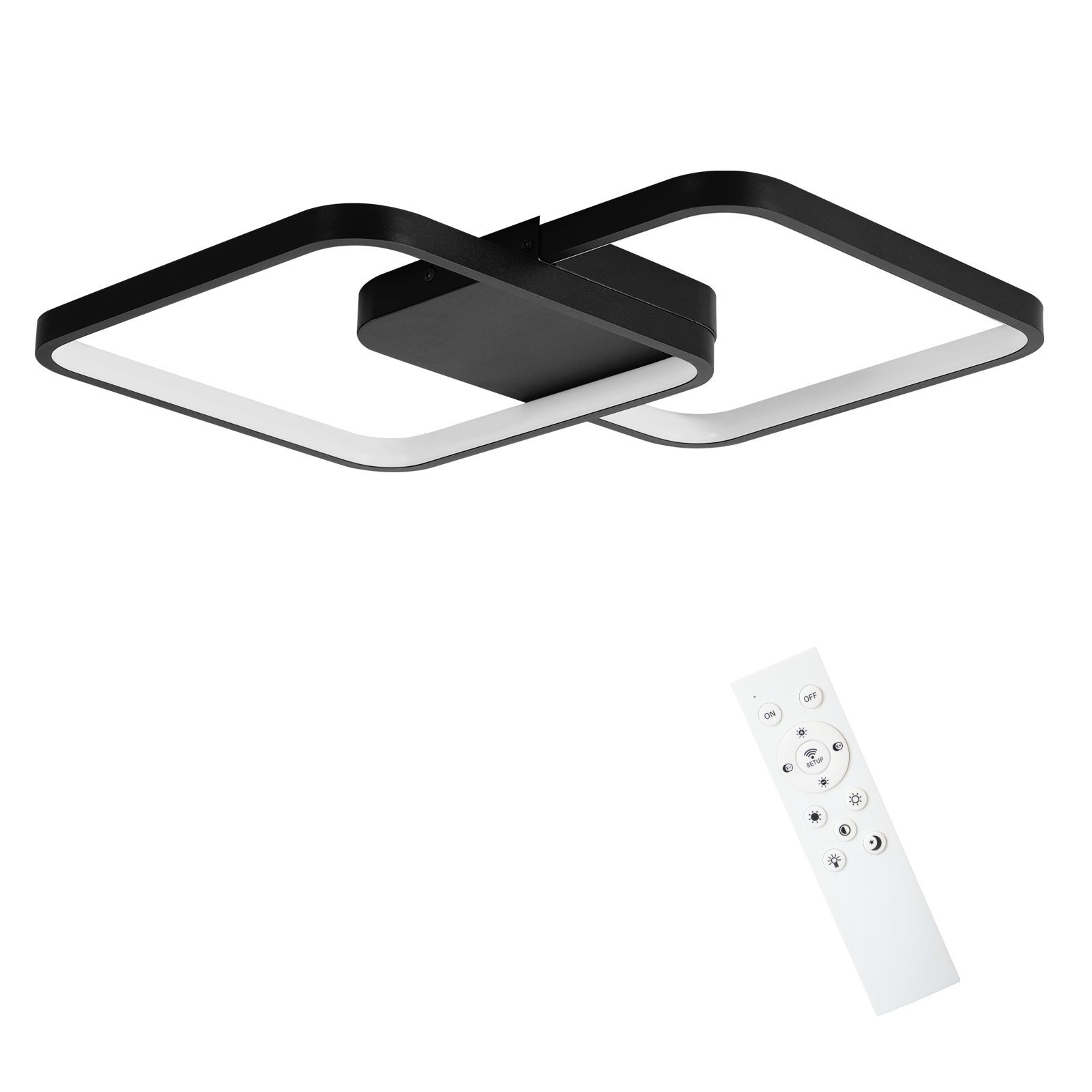 Czarna kwadratowa lampa sufitowa z dwoma przecinającymi się kwadratami, biały pilot z boku.