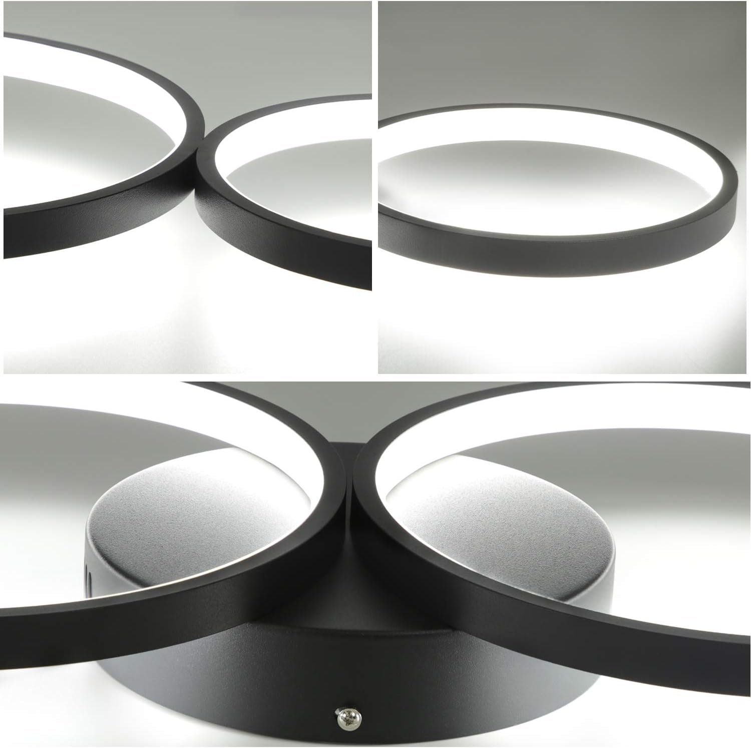 Zbliżenie nowoczesnej, czarnej oprawy oświetleniowej sufitowej. Ma okrągły kształt z diodami LED.