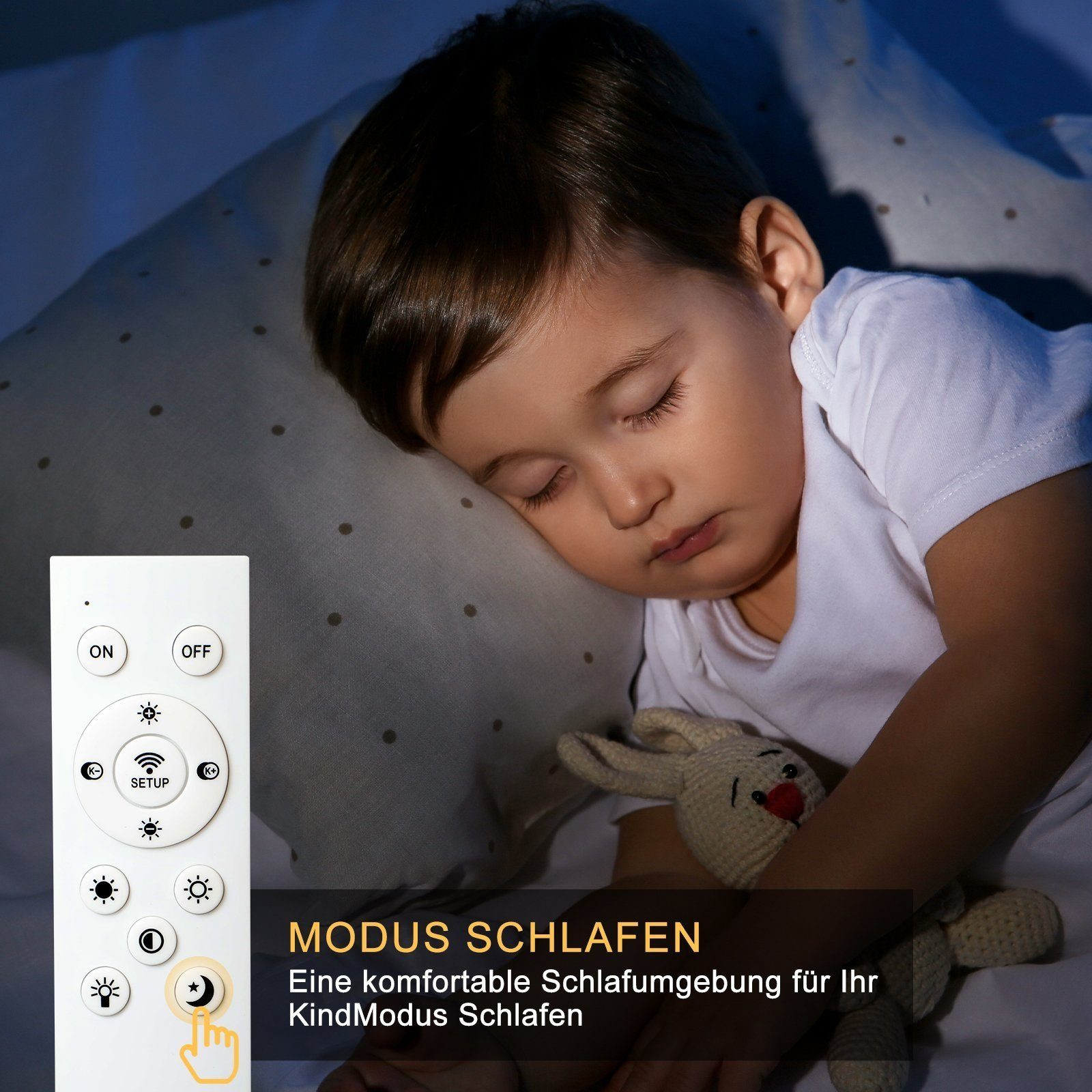 Dziecko śpiące na poduszce z pilotem i zabawką z królikiem na pierwszym planie.