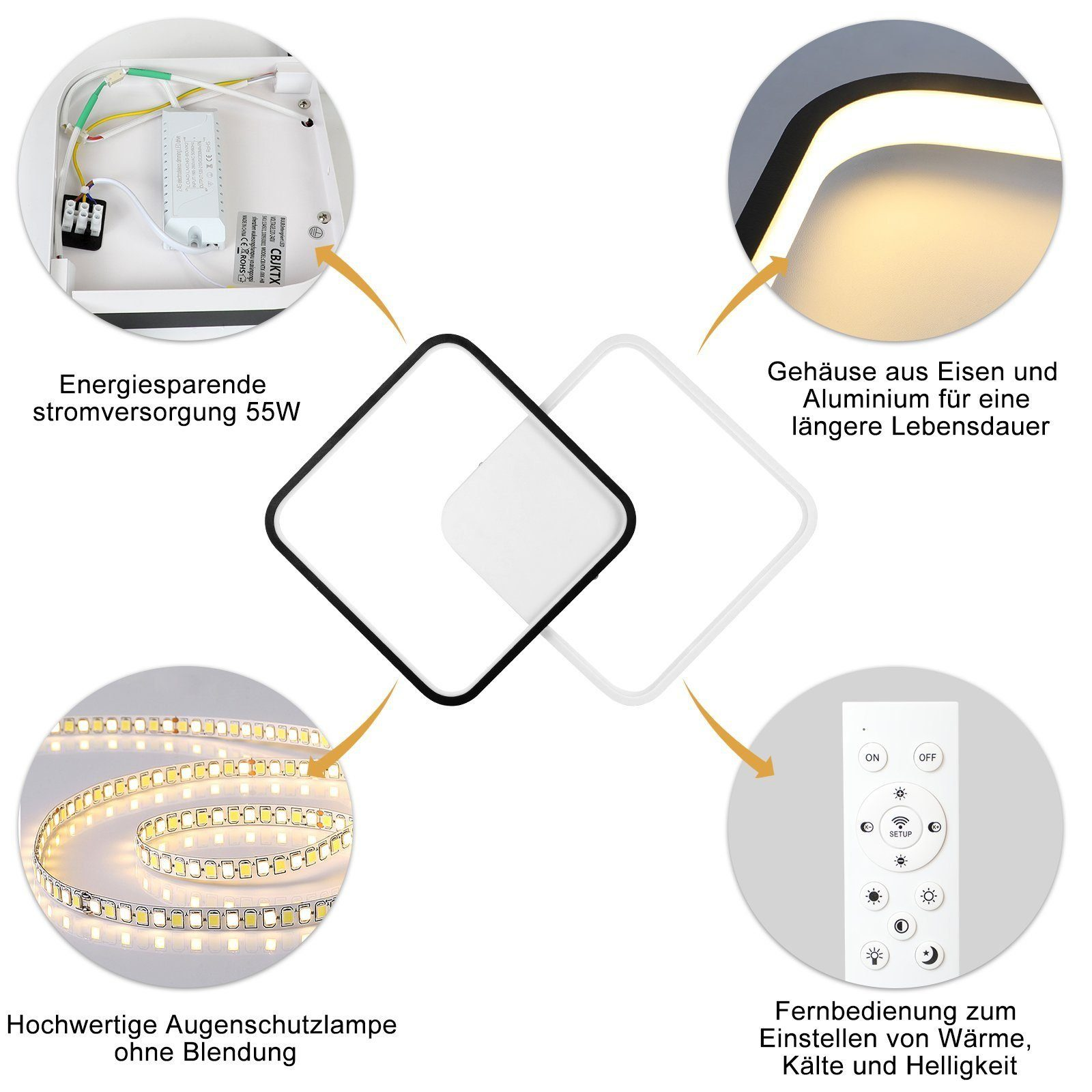 Szczegóły kwadratowej białej lampy sufitowej i pilota z czarno-białym wzorem.