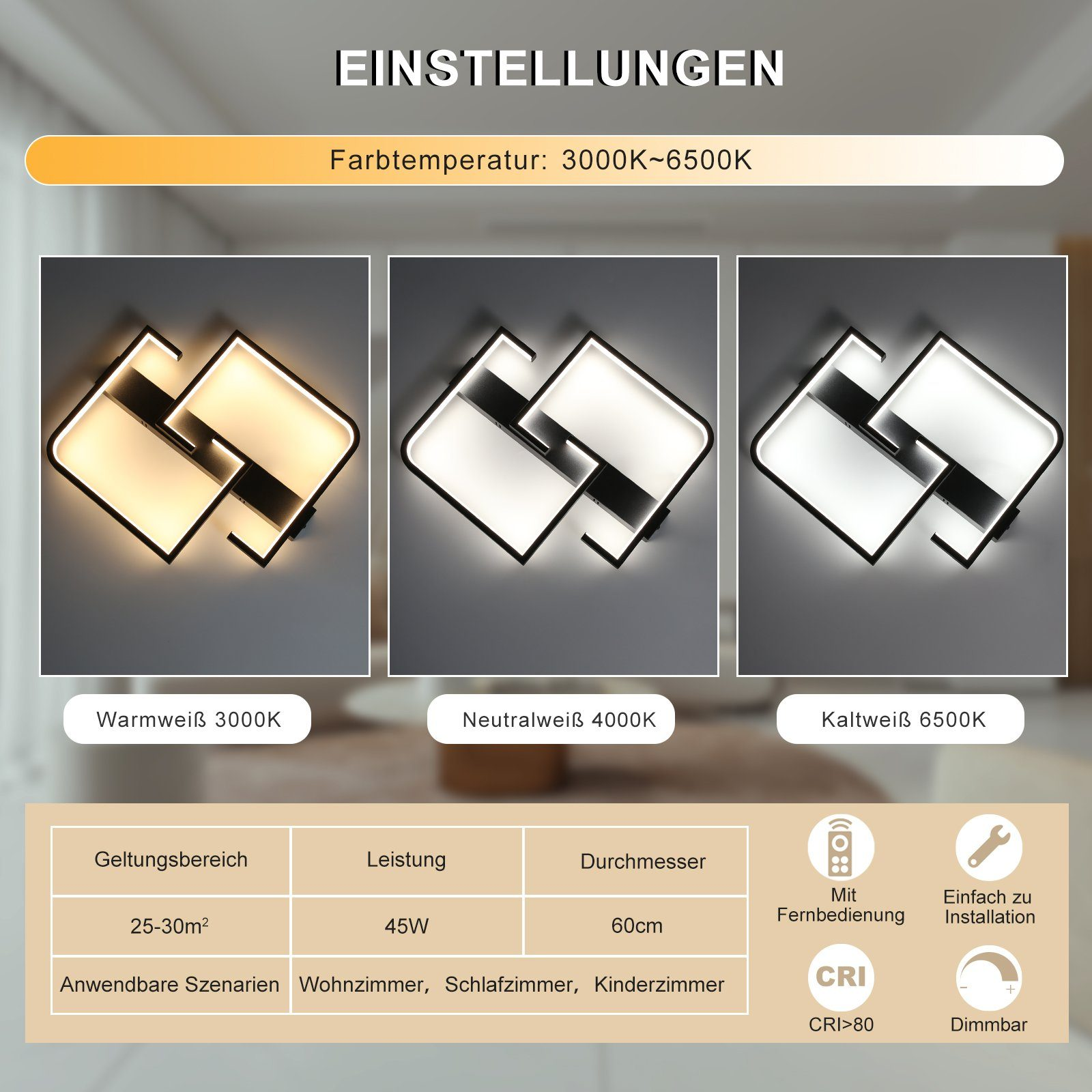 Trzy różne ustawienia światła, pokazujące światło ciepłe białe, neutralne białe i zimne białe.