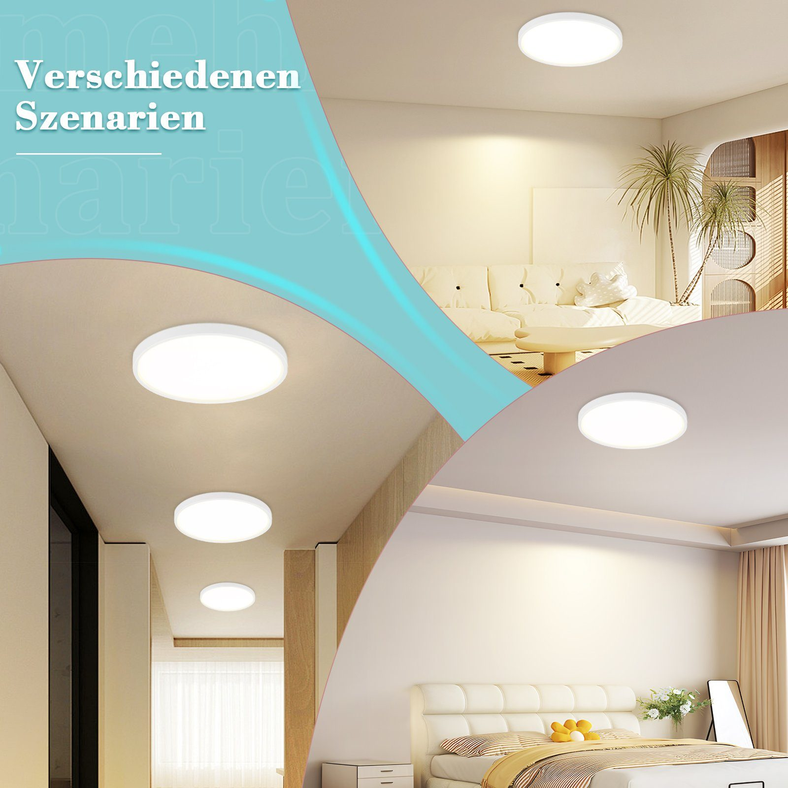 Różne sceny pokojowe prezentujące różne lampy sufitowe.