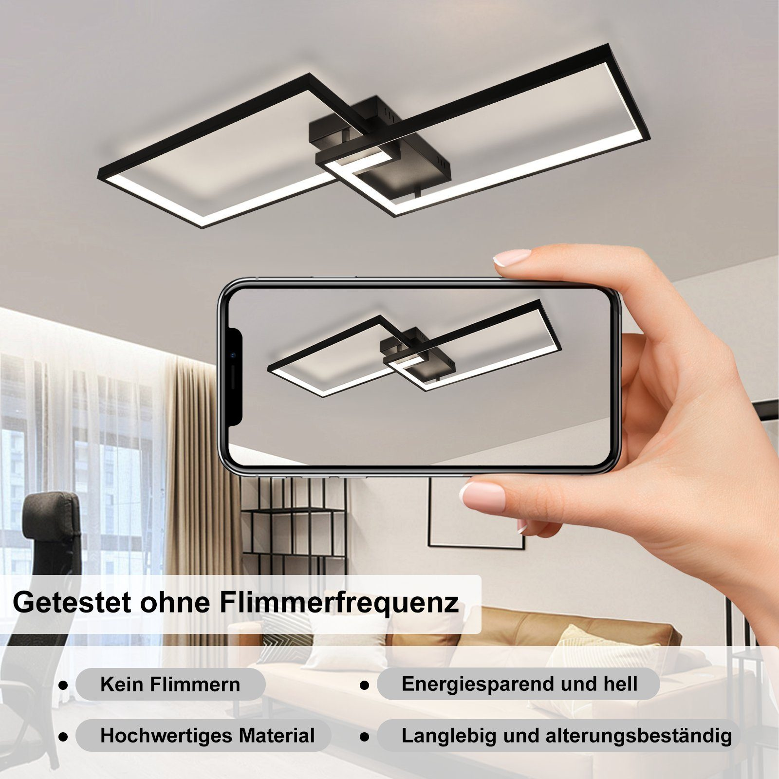Kobieta trzymająca telefon pokazujący lampę sufitową, która jest prostokątna, czarna i elegancka.