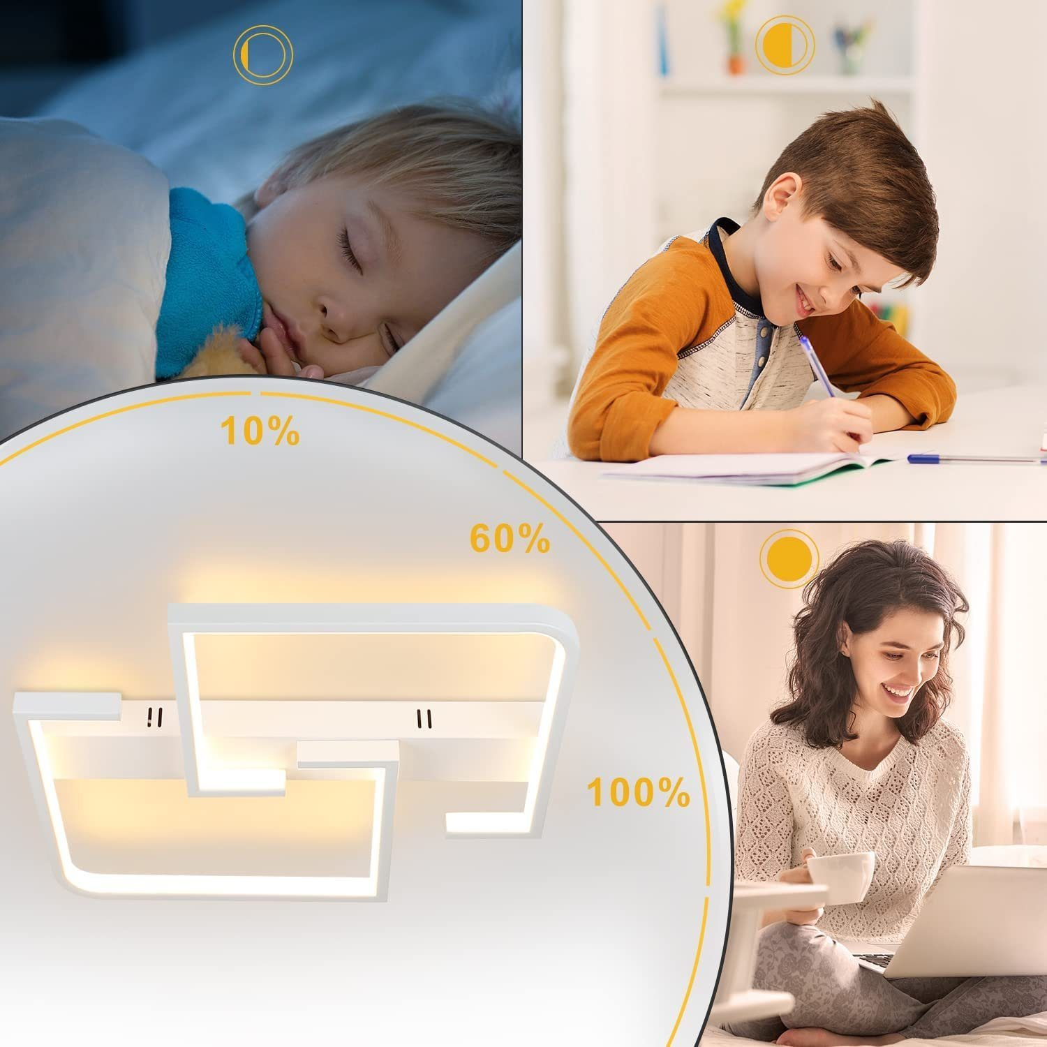 Scena ze światłem. Pokazuje chłopca, śpiące dziecko i kobietę z laptopem.