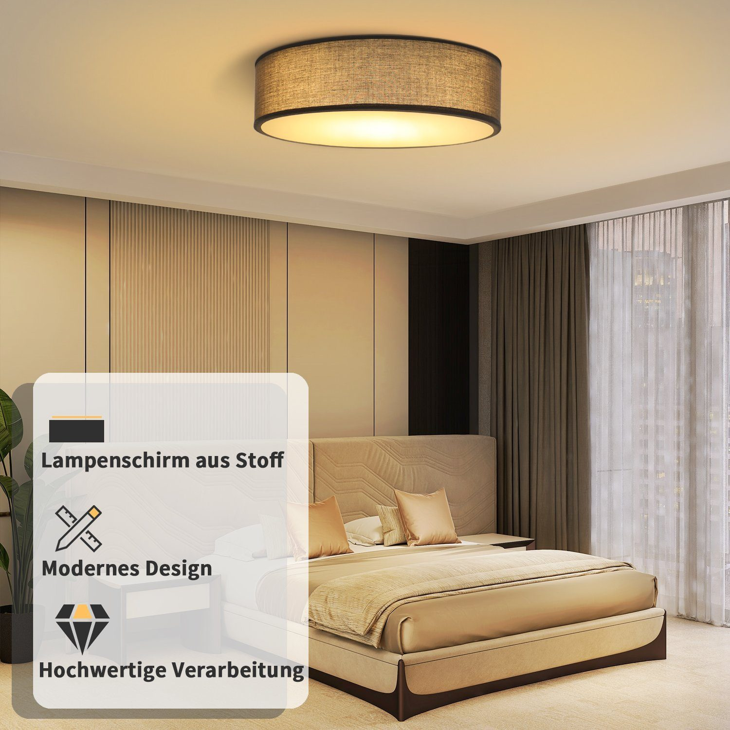 Okrągła lampa sufitowa. Ustawienie sypialni, beżowe łóżko i zasłony. Nakładka tekstowa.