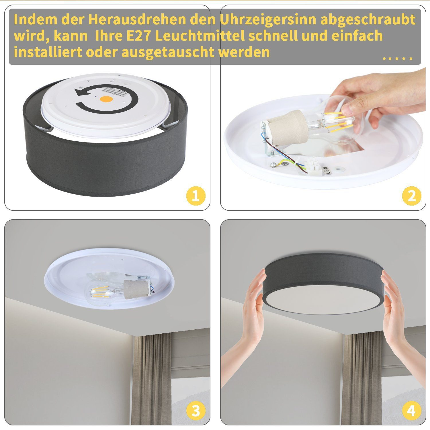 Kroki instalacji lampy sufitowej. Zawiera diagramy i dłonie trzymające oprawę oświetleniową.