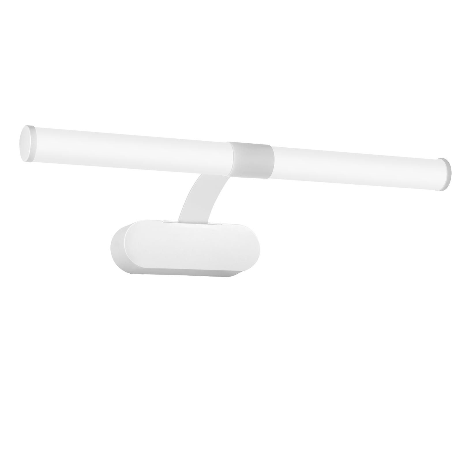 Biała, pozioma oprawa LED. Jest zamontowana na białym tle.