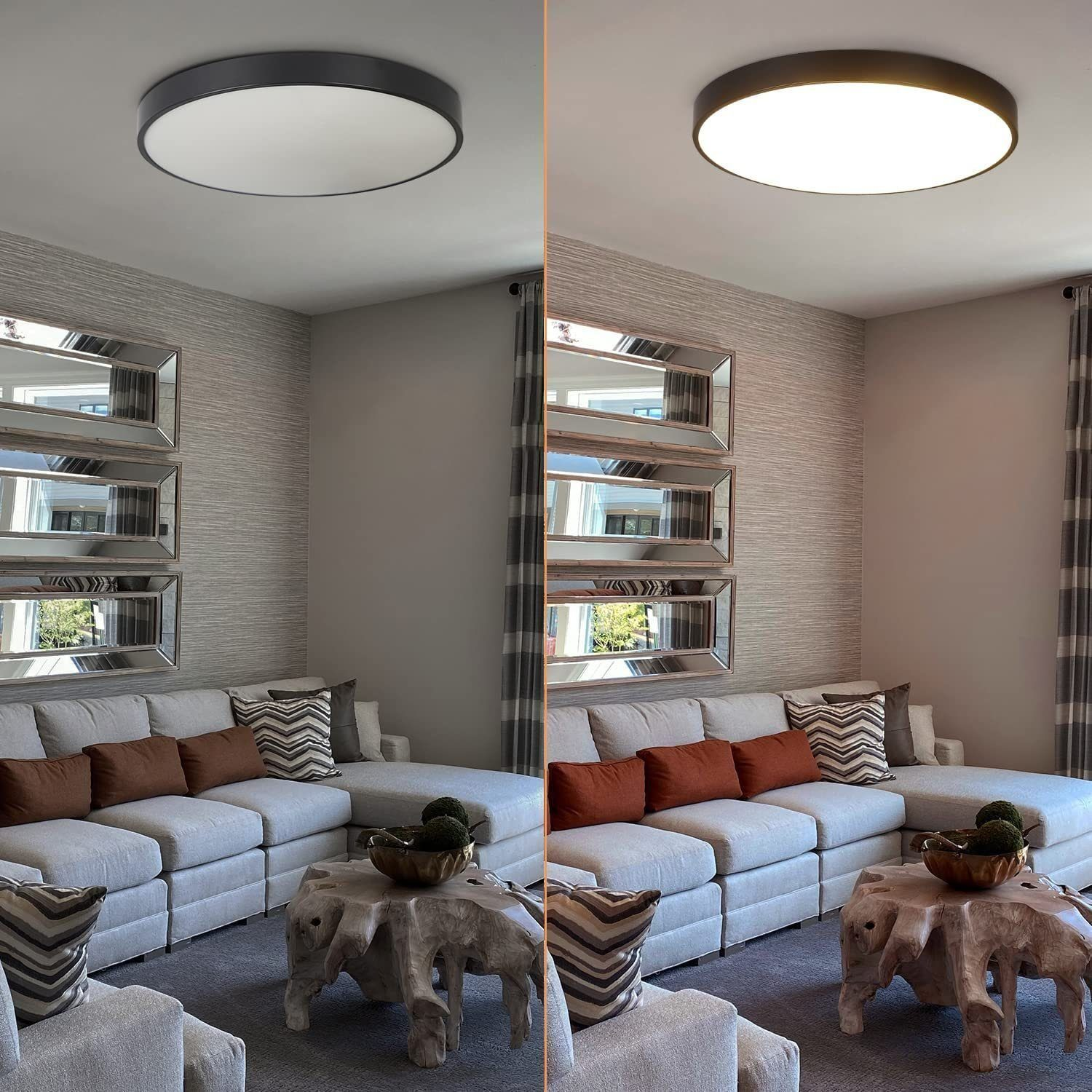 Salon z szarą sofą narożną, lustrami, okrągłą lampą sufitową. Pokazano jasne i ciemne ustawienia.