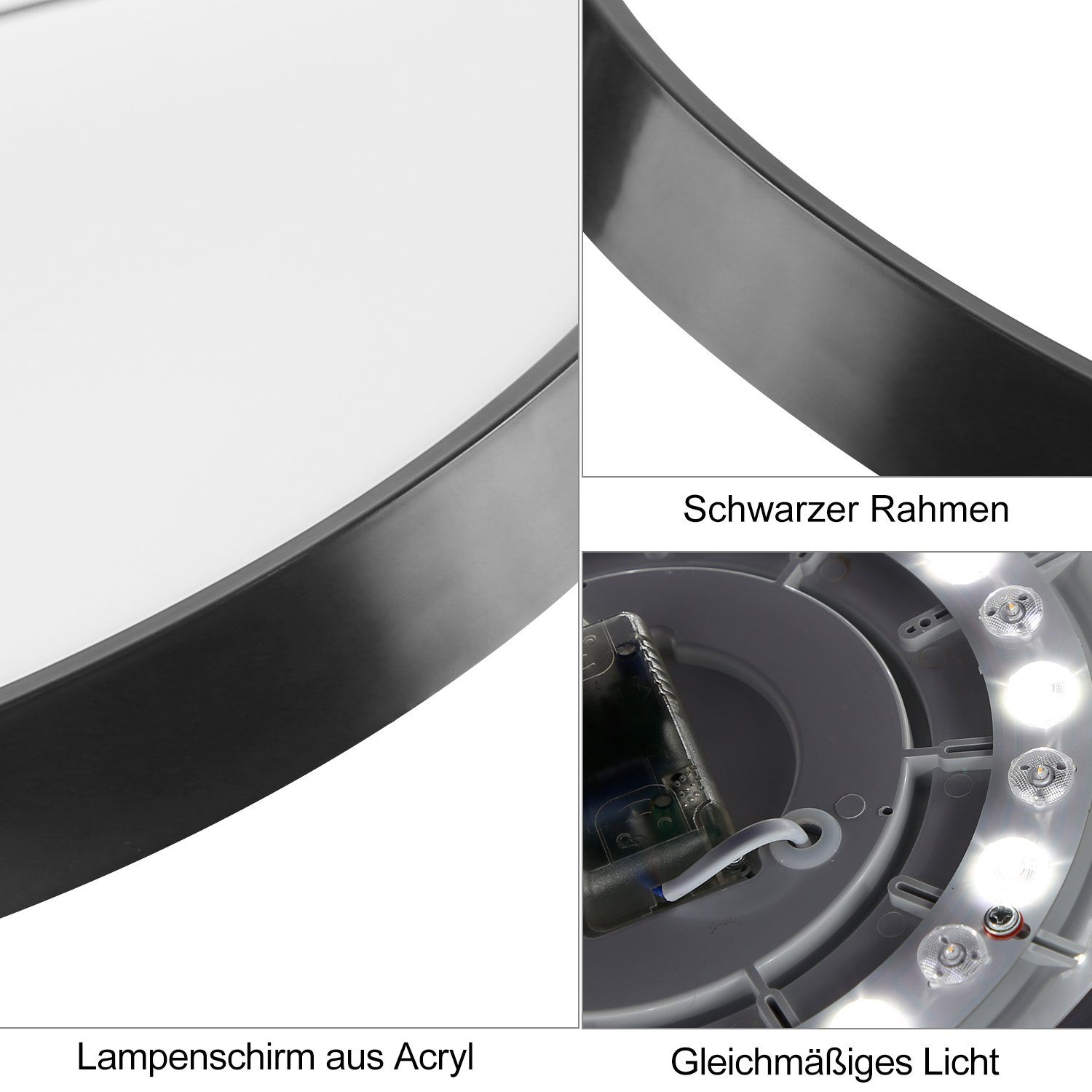 Zbliżenie lampy. Pokazuje akrylowy klosz, czarną ramę i równomierne światło diod LED.