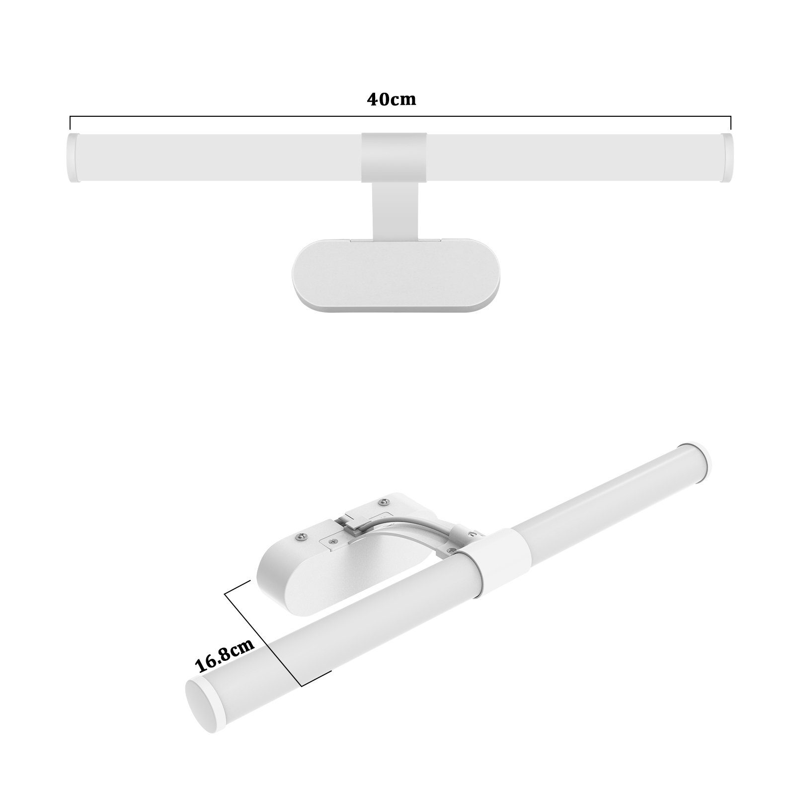 Biała lampa LED do toaletki, dwa widoki: góra pokazuje 40 cm, dół widok z boku i długość 16,8 cm.