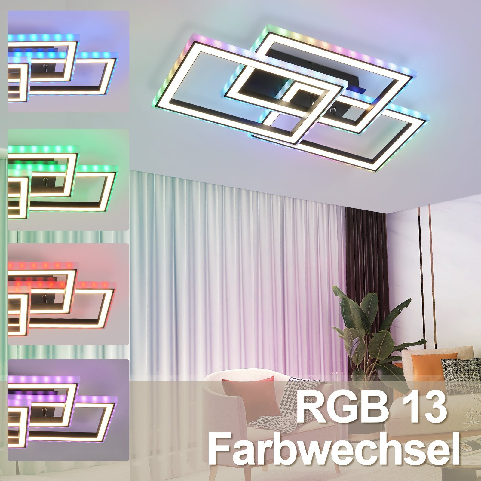 Oświetlenie sufitowe z opcjami zmiany kolorów RGB. Kilka obrazów pokazuje różne efekty świetlne, ze słowami RGB 13 Farbweschel.