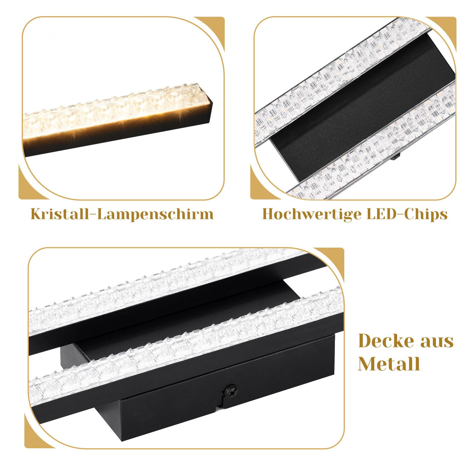 Zbliżenia opraw oświetleniowych. Mają czarną metalową podstawę i światła LED.