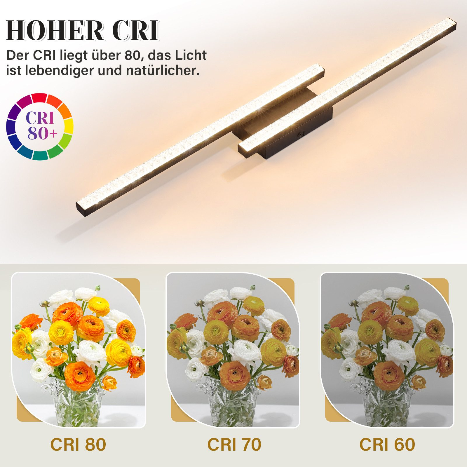 Lampa ścienna z kwiatami poniżej. Wyświetlany jest CRI 80+.