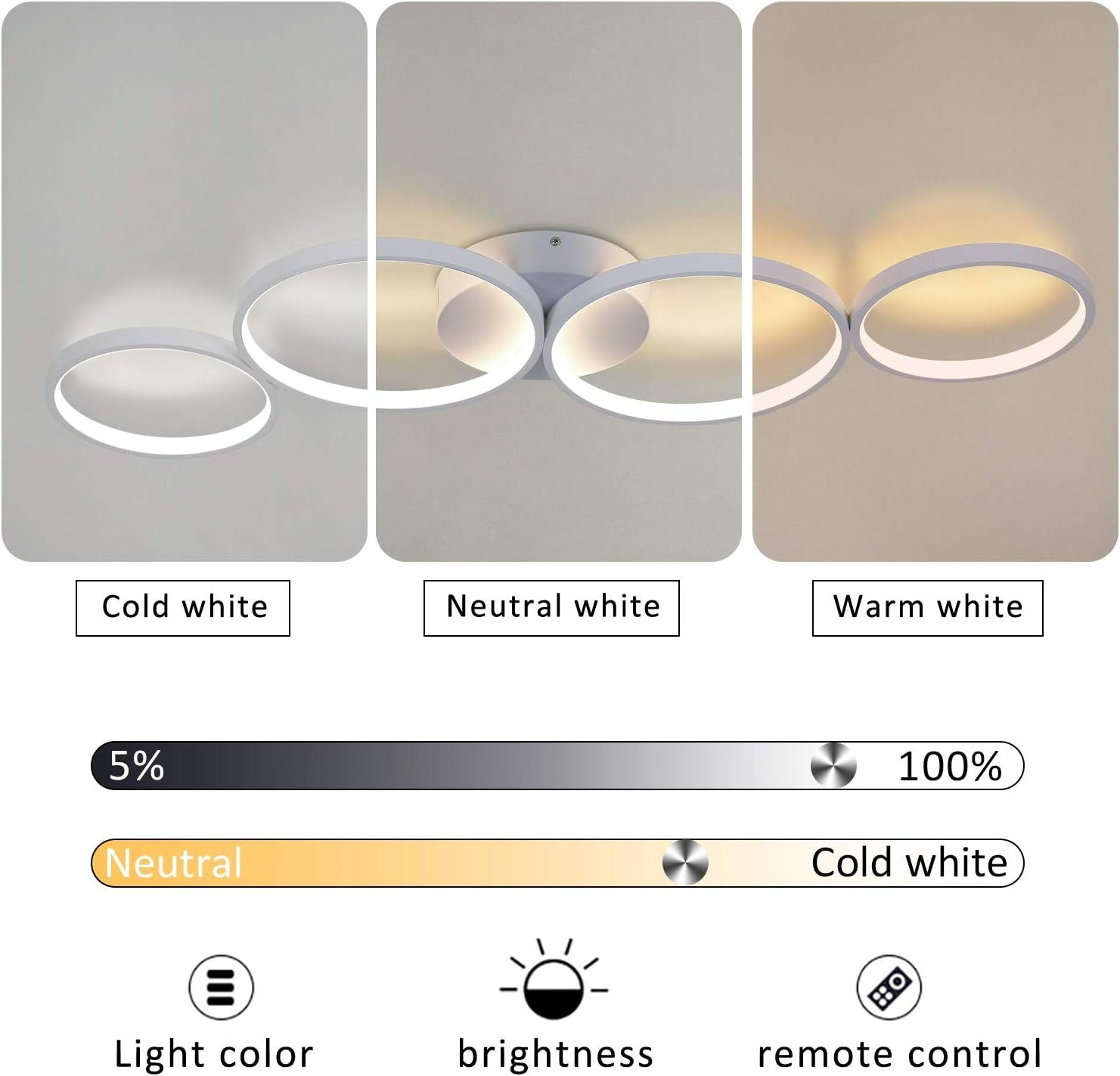 Obrazy przedstawiające różne ustawienia światła: zimną biel, neutralną biel i ciepłą biel, z regulacją jasności.