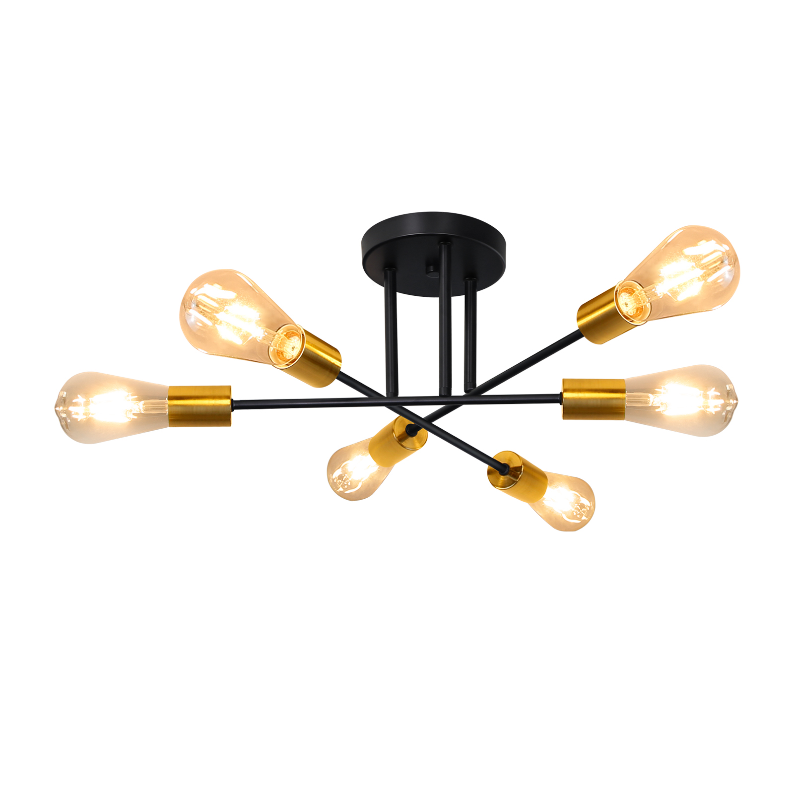 Lampa sufitowa z sześcioma żarówkami Edisona w kształcie gwiazdy.