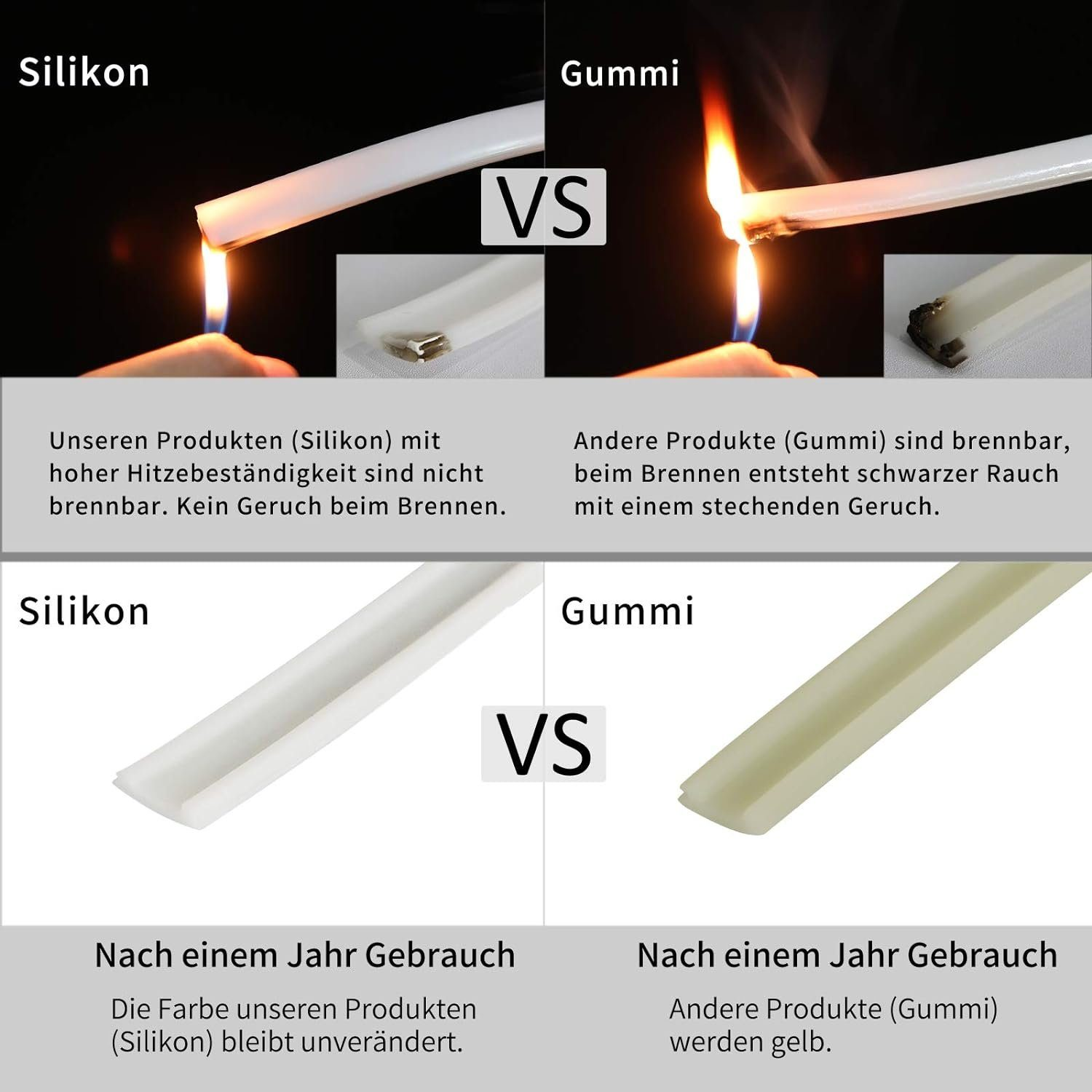 Obraz porównujący palący się silikon vs gumę. Silikon nie pali się, guma pali się i wytwarza czarny dym.