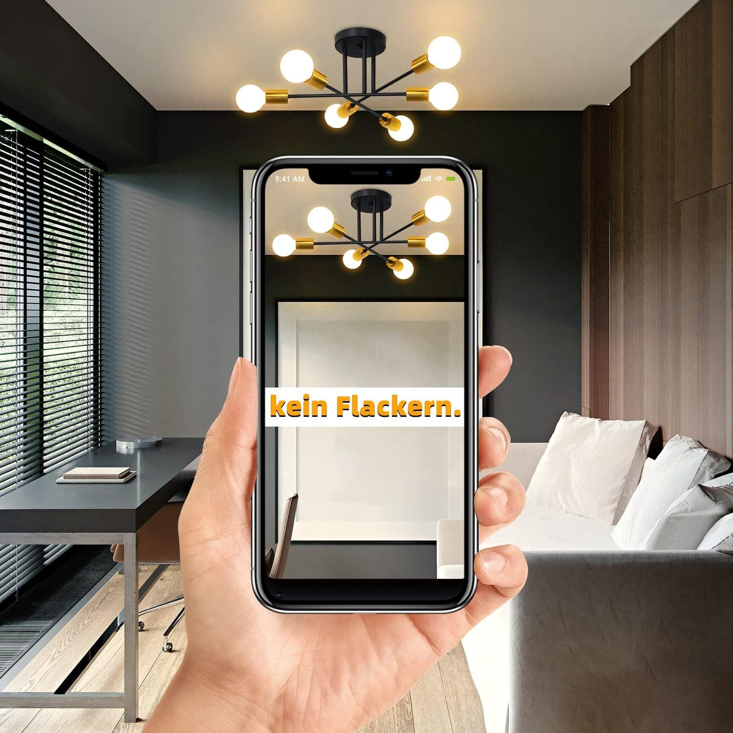 Telefon wyświetla lampę z tekstem 'bez migotania' na ekranie.