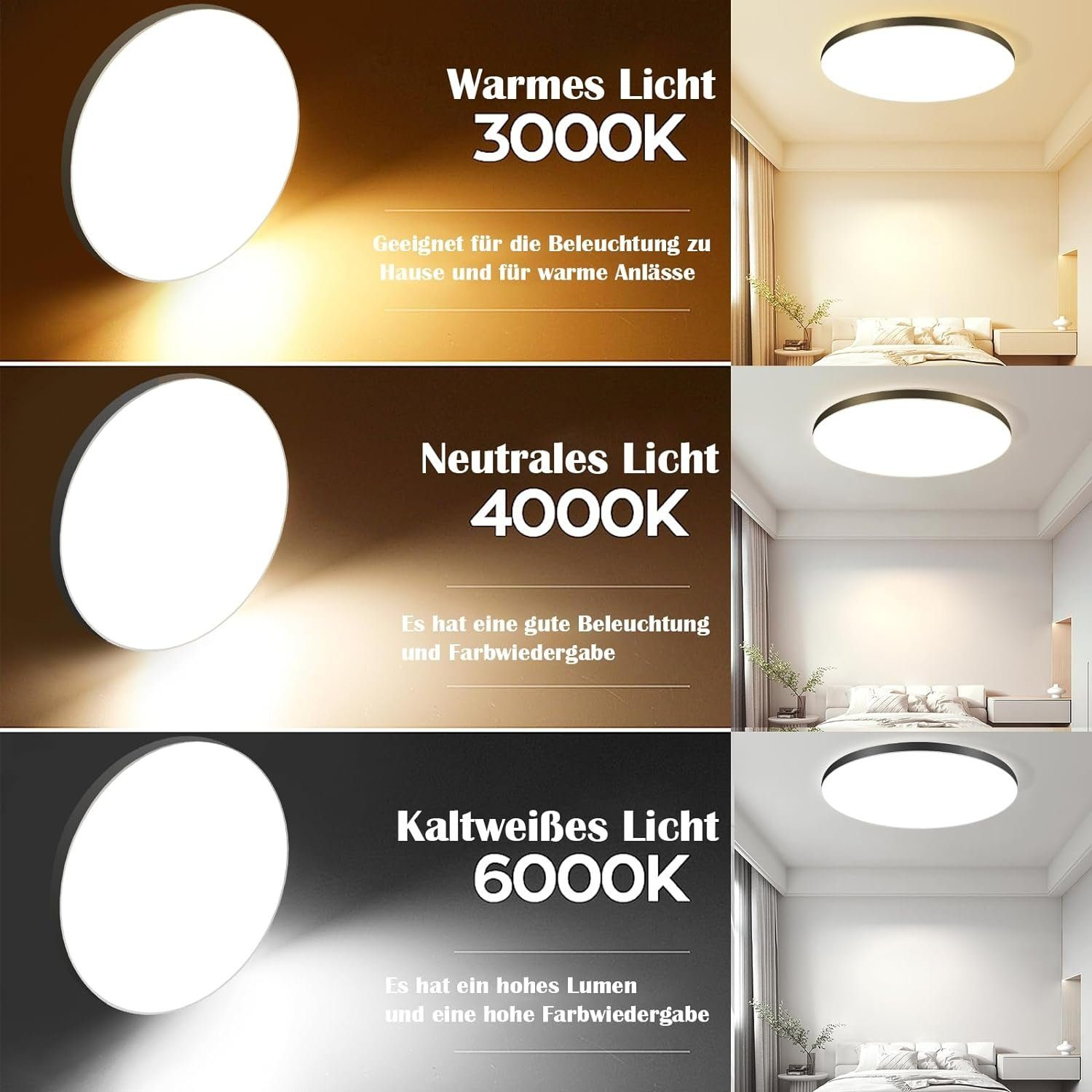 Wiele zdjęć lampy sufitowej, pokazujących różne temperatury barw.