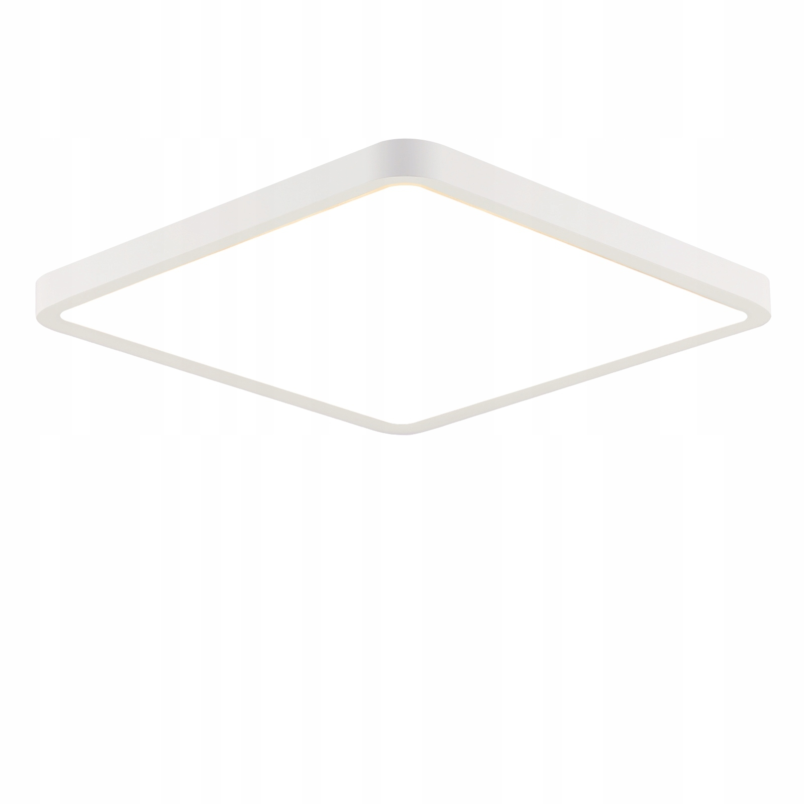 Biała kwadratowa lampa sufitowa LED z cienką obwódką na białym tle.