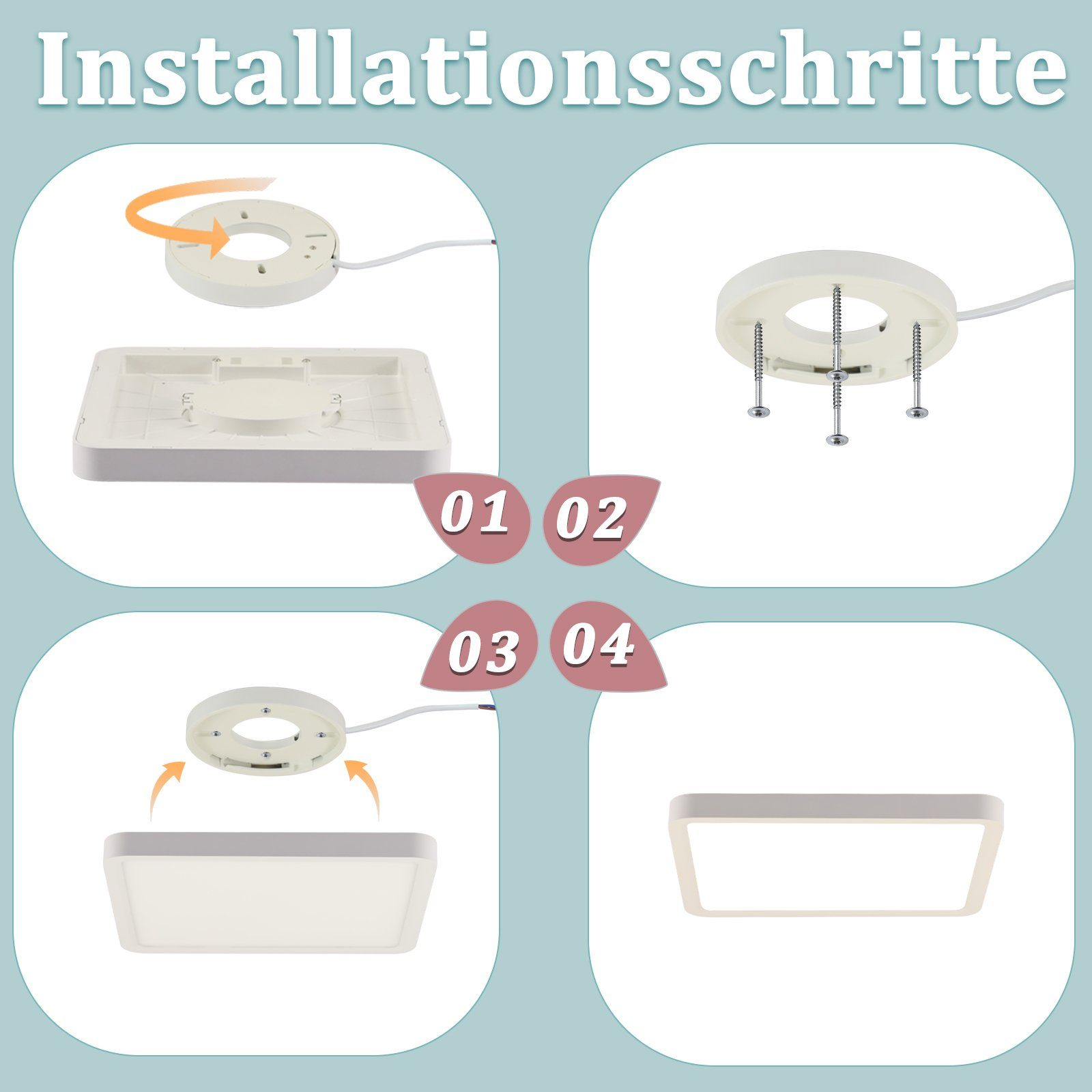 Cztery kroki instalacji lampy sufitowej. Wskazano liczby i strzałki.