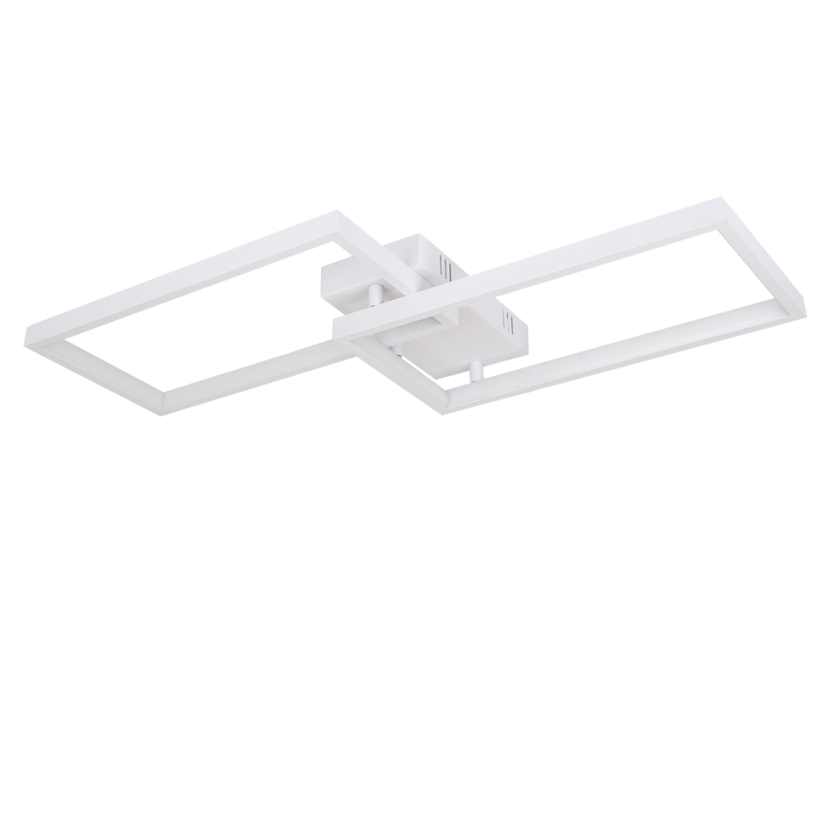 Biała lampa sufitowa, z dwoma prostokątnymi obszarami światła w formie liniowej.