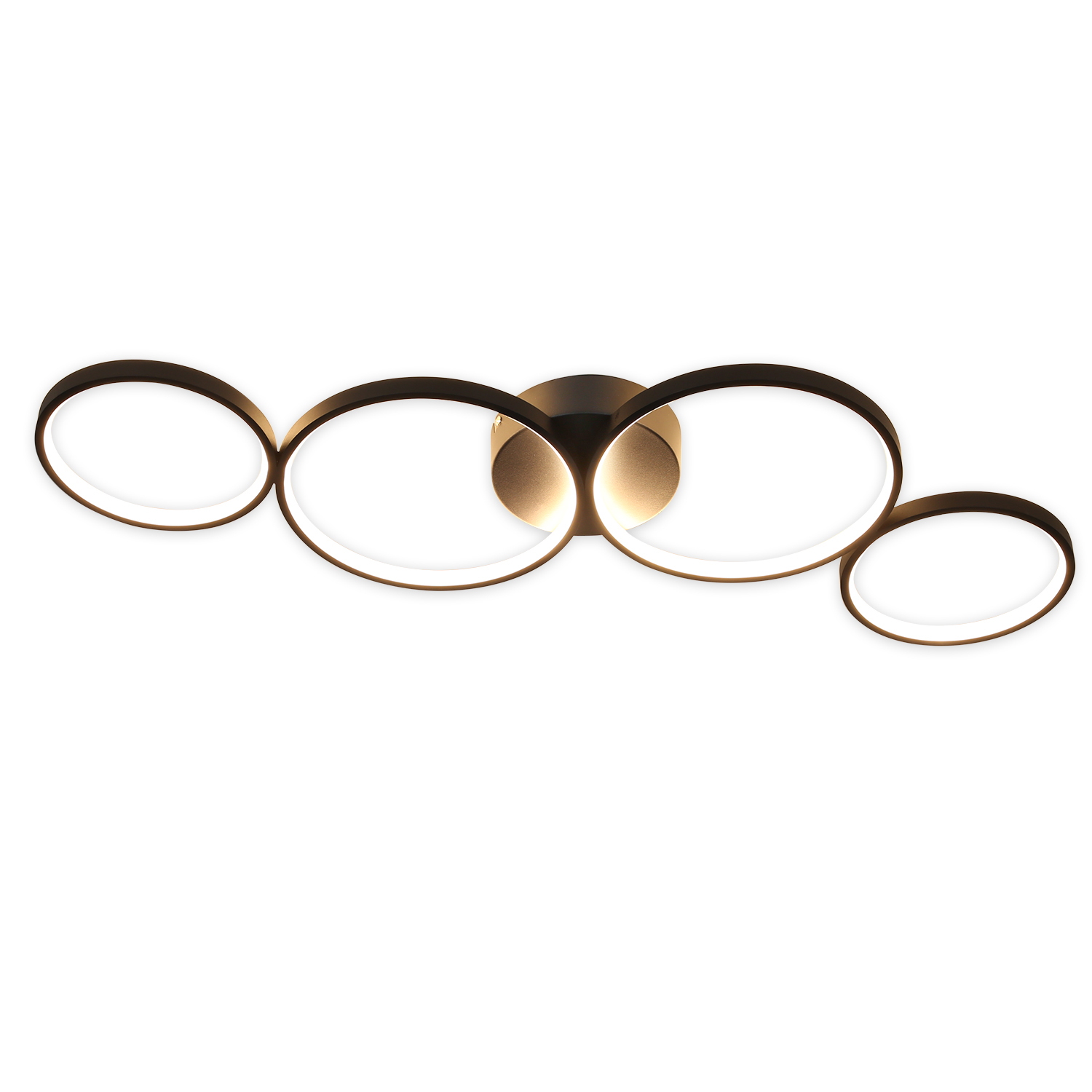 Czarna lampa sufitowa z czterema połączonymi owalnymi pierścieniami, emitująca białe światło.