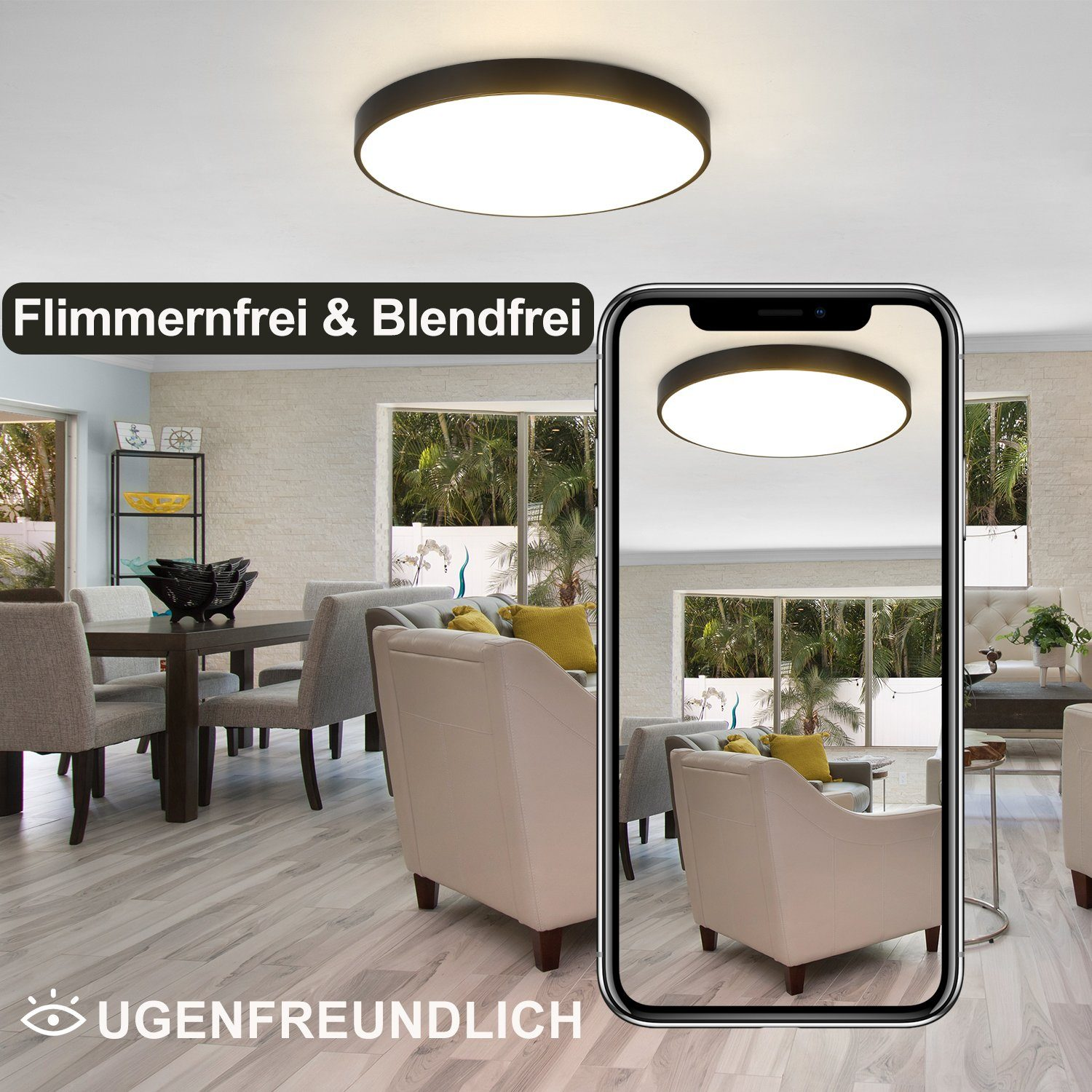 Wohnzimmer mit hellem Deckenlicht, sichtbar auf dem Handybildschirm, Text auf Deutsch.