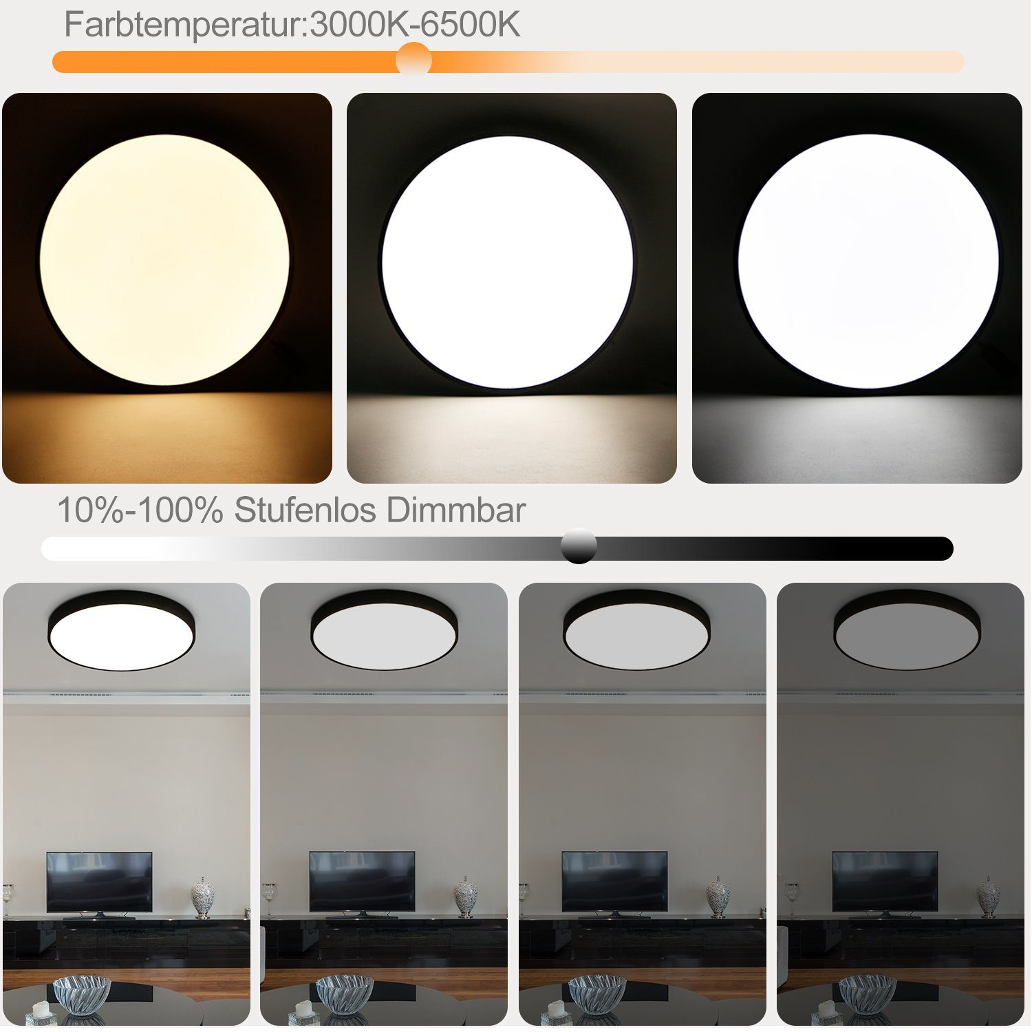 Bilder von LED-Panelleuchten mit einstellbarer Farbtemperatur und Helligkeit.