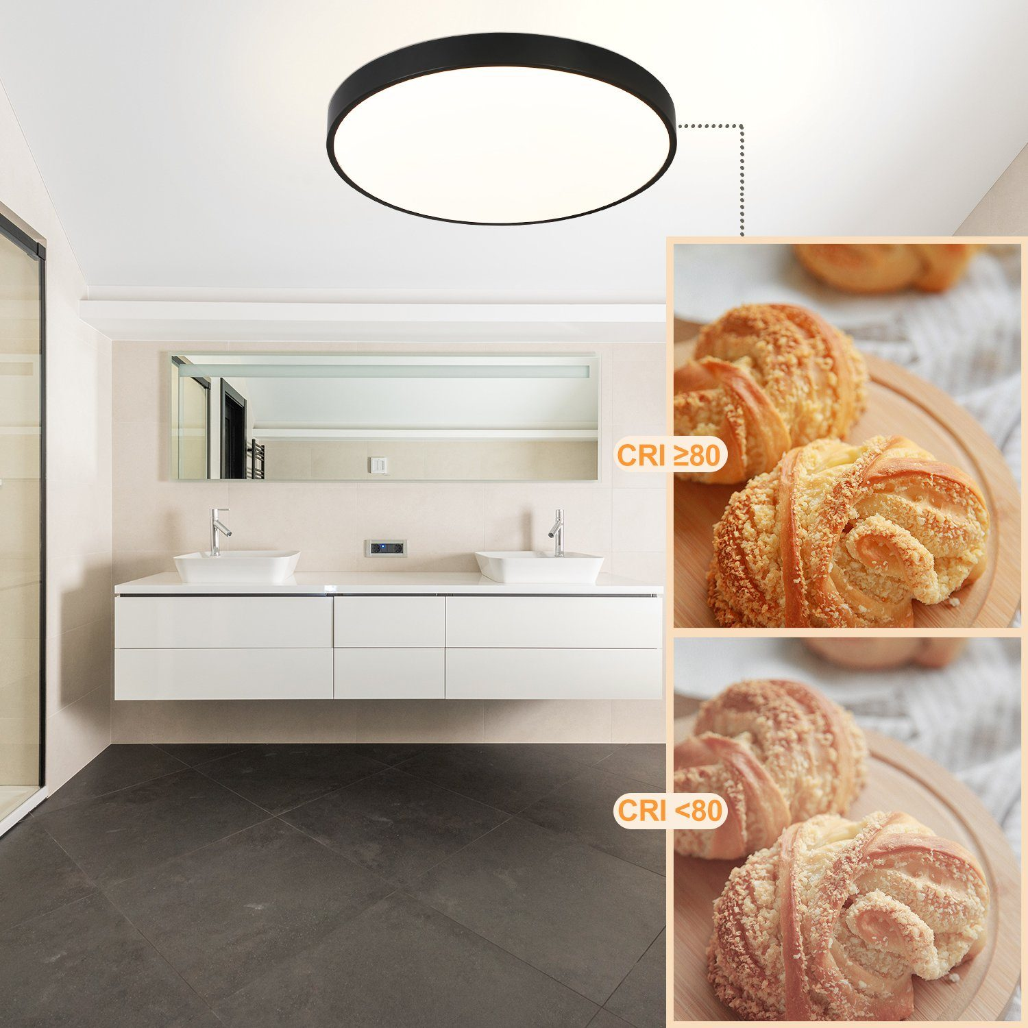 Eine Badezimmerszene mit einer weißen Deckenlampe und zwei Croissants.