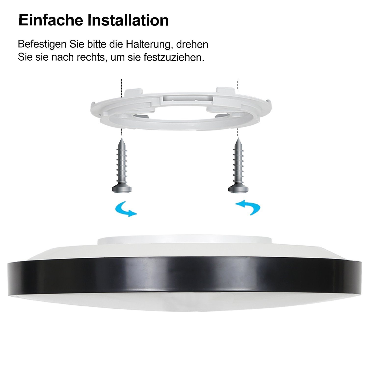 Anweisungen zeigen eine Leuchte und Schrauben, die an einer Deckenhalterung befestigt werden.