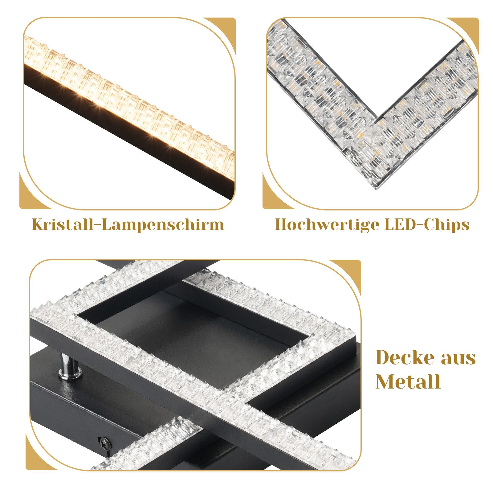 Zbliżenia kryształowego klosza, chipów LED i metalowych elementów podstawy lampy.