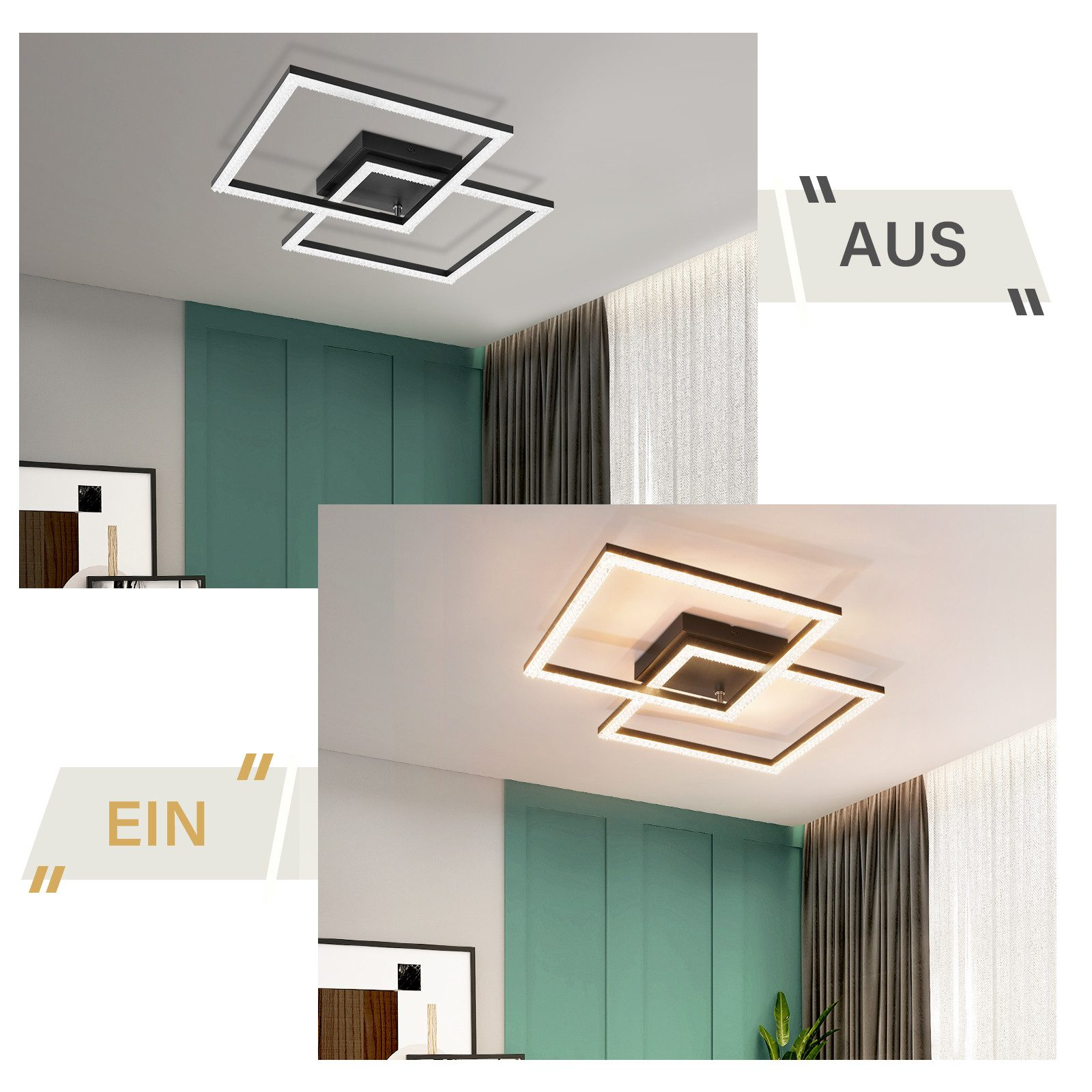 Dwa zdjęcia lamp sufitowych, jedno włączone i jedno wyłączone. Są kwadratowe kształty.