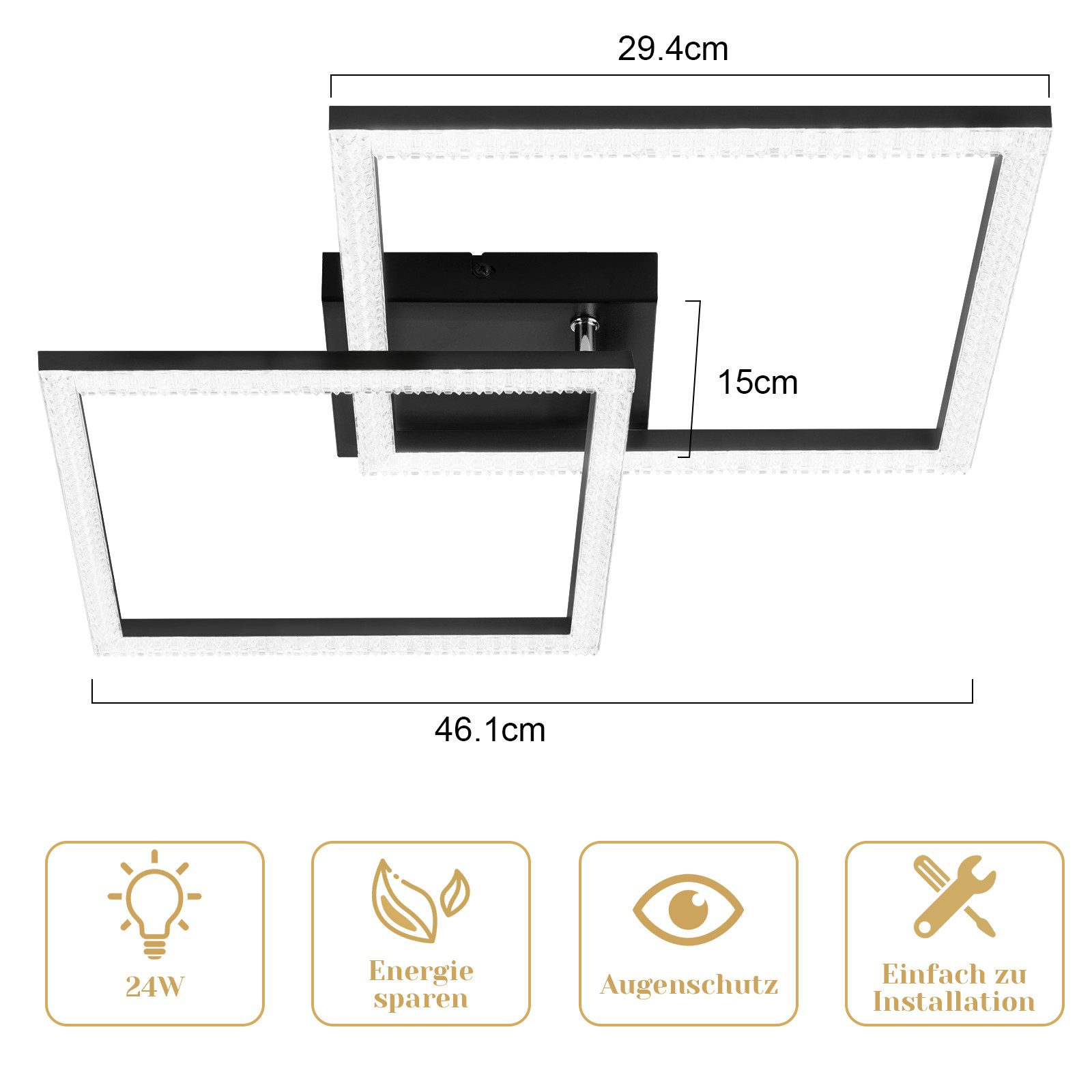 Czarno-biała lampa sufitowa z wymiarami. Lampa ma nowoczesny design.