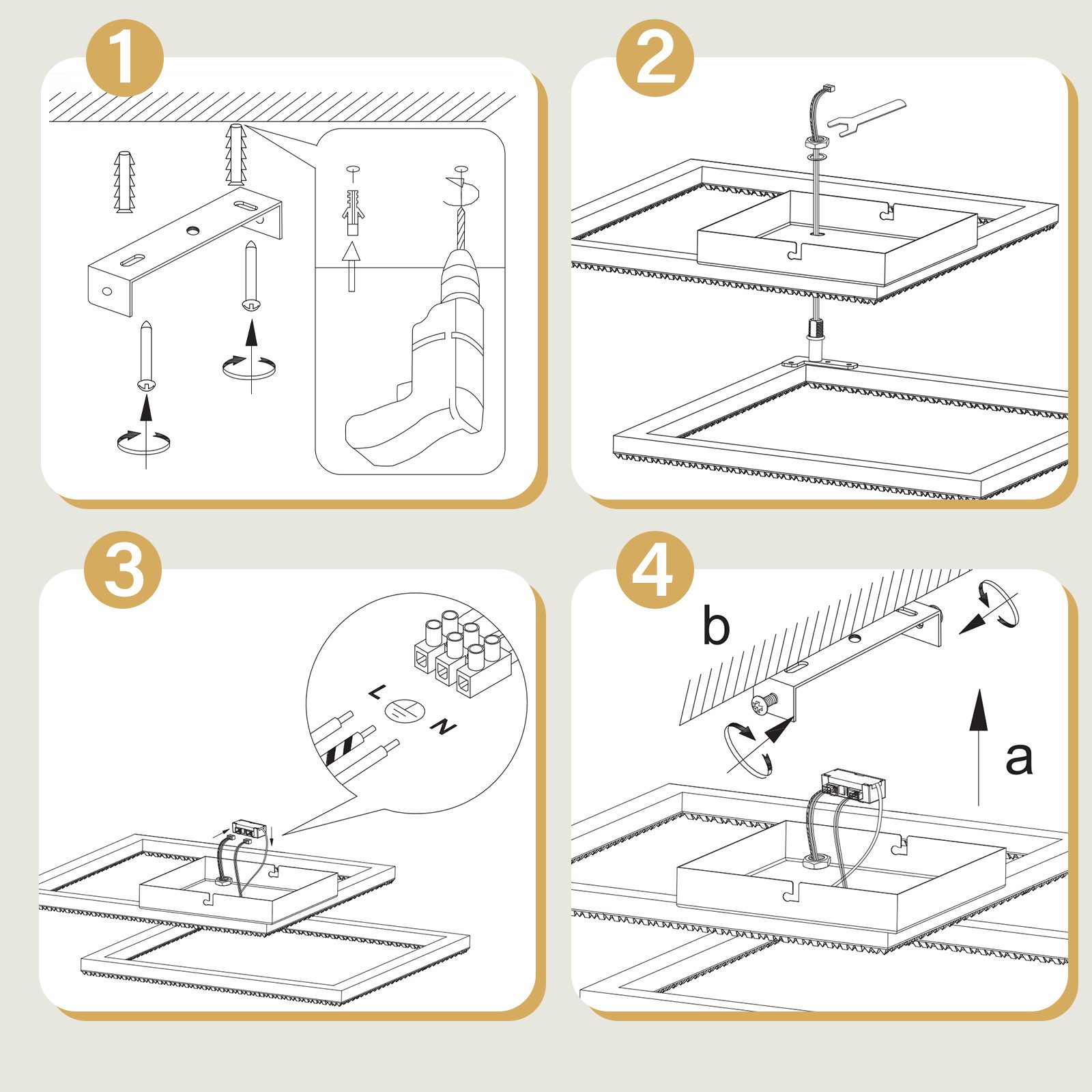 Czterostopniowa instrukcja montażu oświetlenia sufitowego. Pokazuje wspornik, przewody i oprawę oświetleniową.