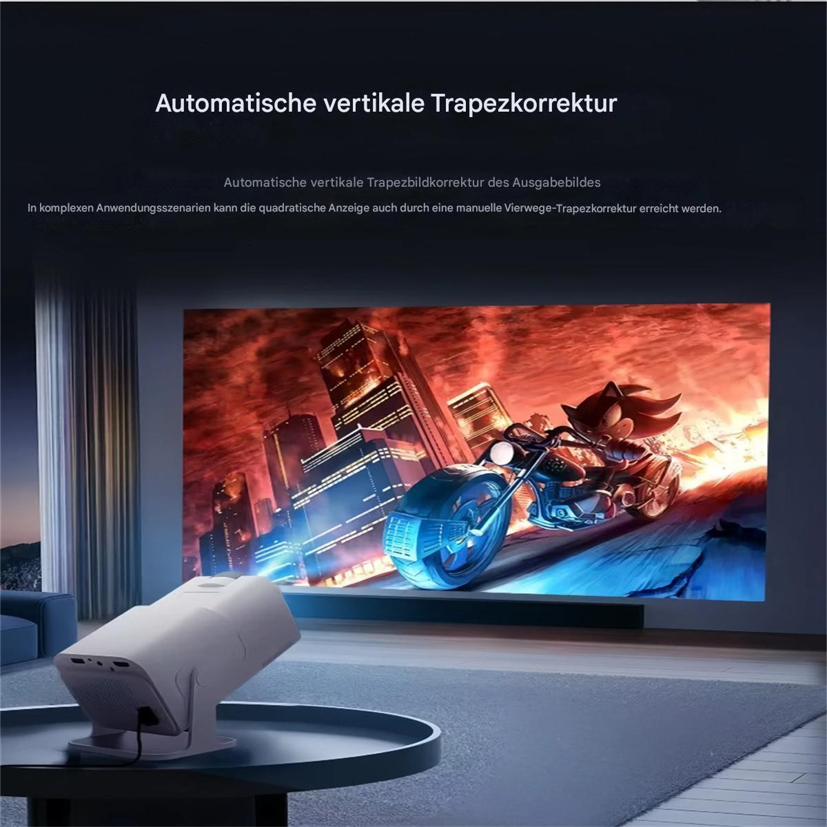 Projektor, der ein Video von Sonic auf einem Motorrad anzeigt. Der Projektor ist weiß und auf eine Leinwand gerichtet.