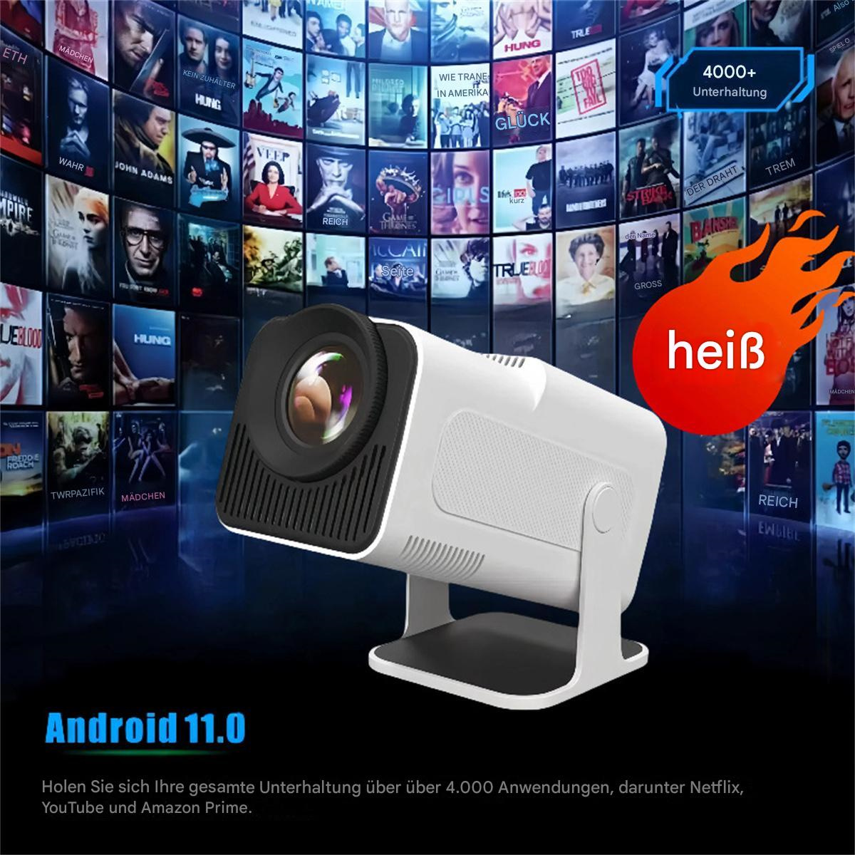 Weißer Projektor zeigt Filme an, mit 'Android 11.0' und 'heiß'. Über 4000 Apps.