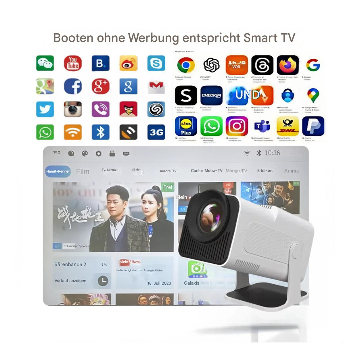 Ein Projektor mit einem Bildschirm, der einen Film zeigt, umgeben von App-Symbolen.