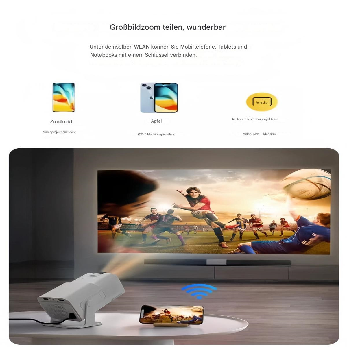 Projektor mit Telefon und Bildschirm. Ein Fußballspiel wird auf den Bildschirm projiziert.