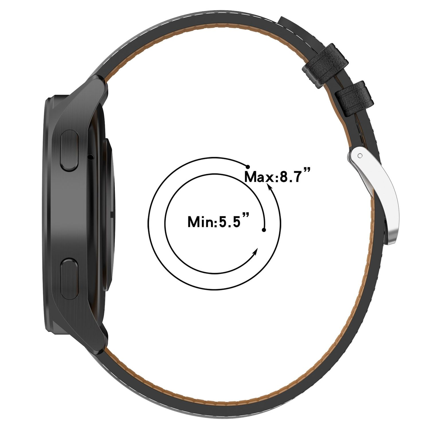 Schwarze Smartwatch mit schwarzem Lederarmband. Messungen zeigen 5,5 bis 8,7 Zoll Handgelenkgröße.