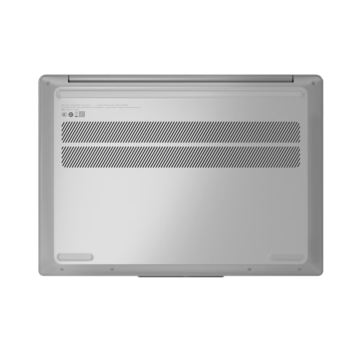 Parte inferior de un portátil. Con ventilación y pegatina de información. Diseño minimalista y elegante.