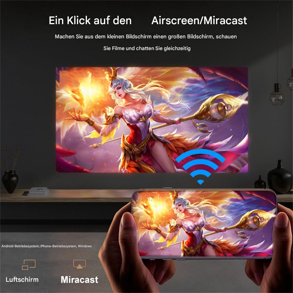 Person hält Telefon, das einen Film an die Wand projiziert, mit deutschem Text über Airscreen/Miracast.