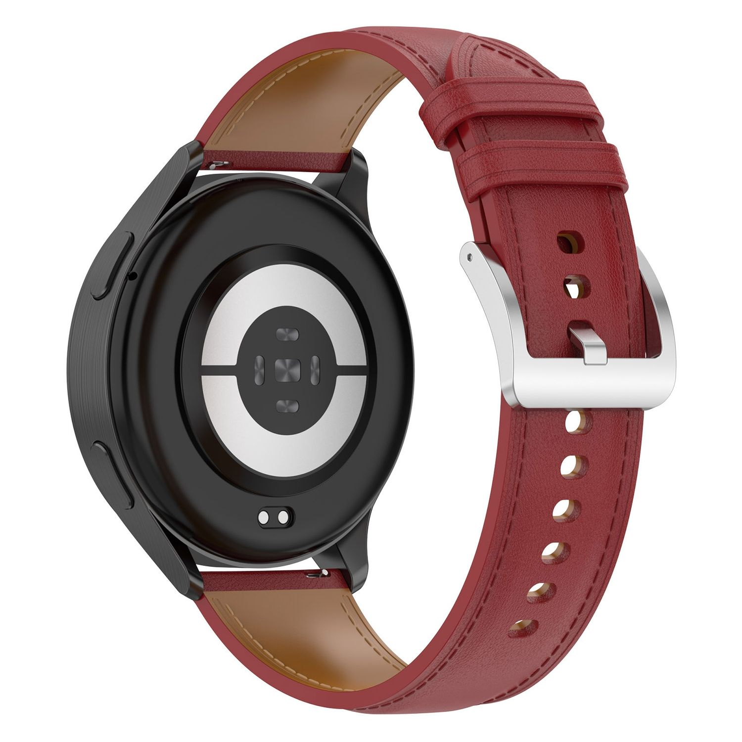 Eine Smartwatch mit burgunderfarbenem Lederarmband, Rückseite mit Sensoren und schwarzem Rahmen.
