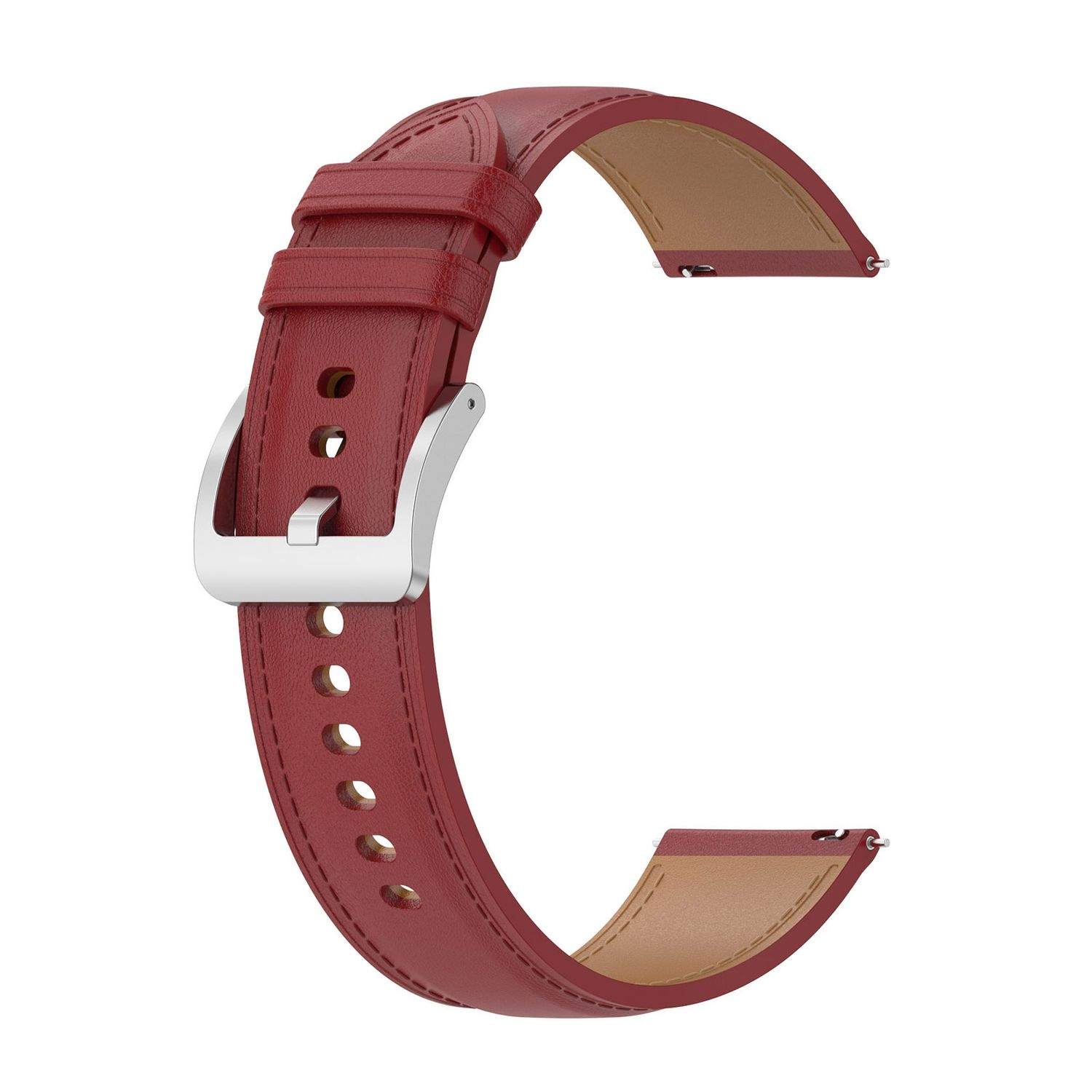 Ein rotes Leder-Uhrenarmband mit einer silbernen Schnalle, vor weißem Hintergrund.