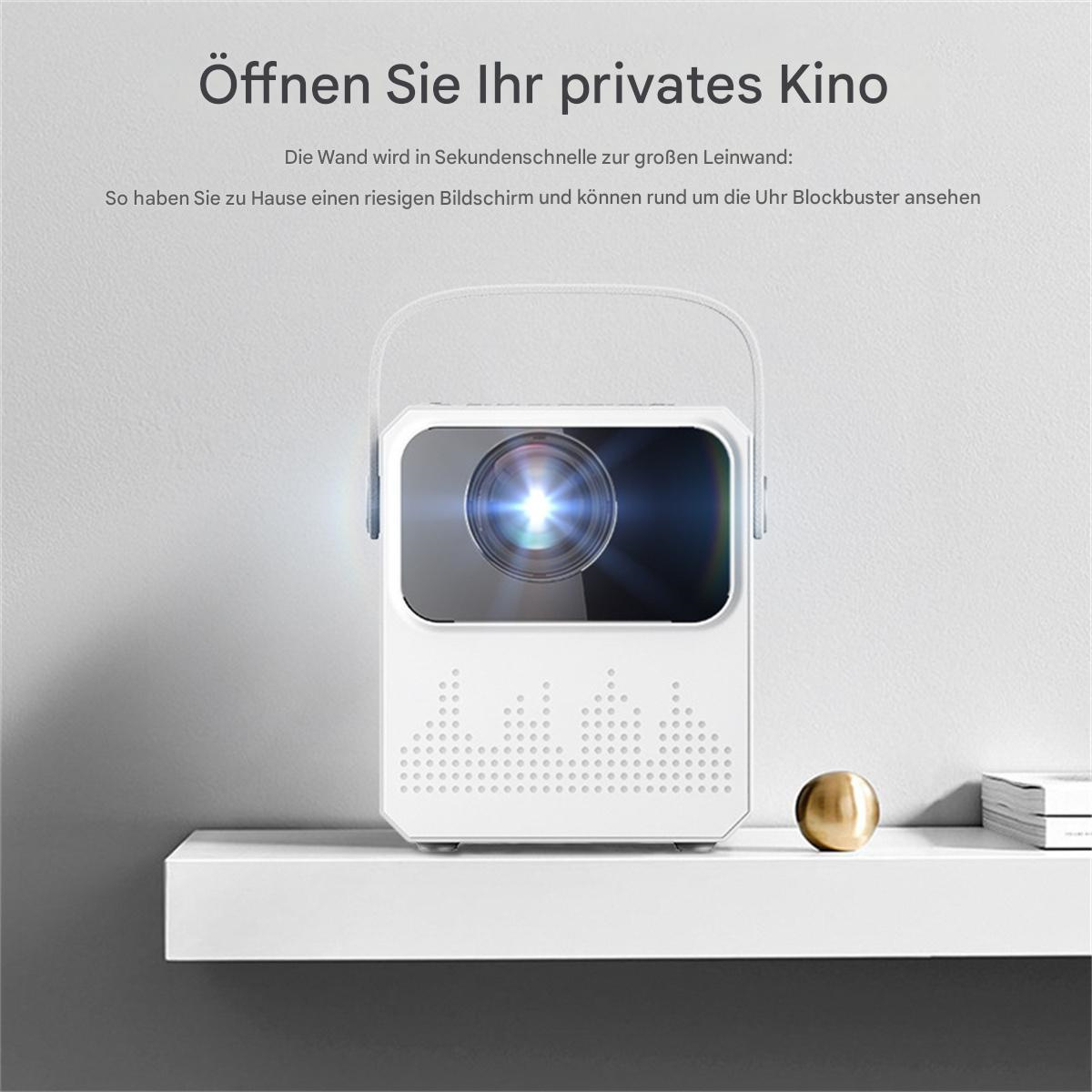 Ein kleiner weißer Projektor auf einem Regal mit einer goldenen Kugel. Text auf Deutsch.