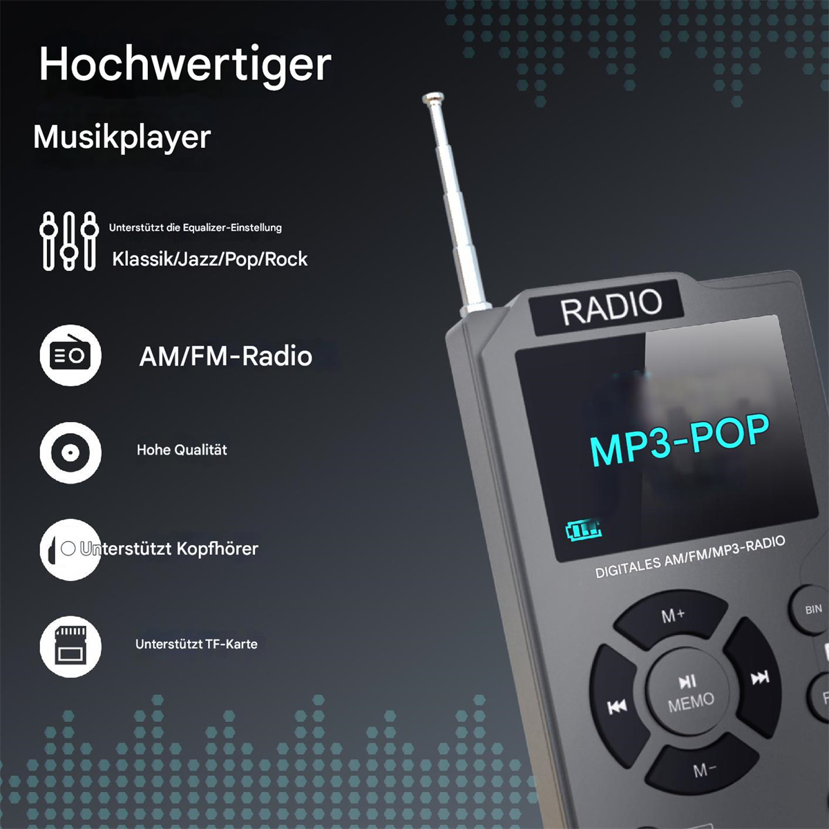 Ein digitales MP3-POP-Radio mit grauem Gehäuse, Knöpfen, einem Bildschirm und einer ausziehbaren Antenne, mit deutschen Beschriftungen.