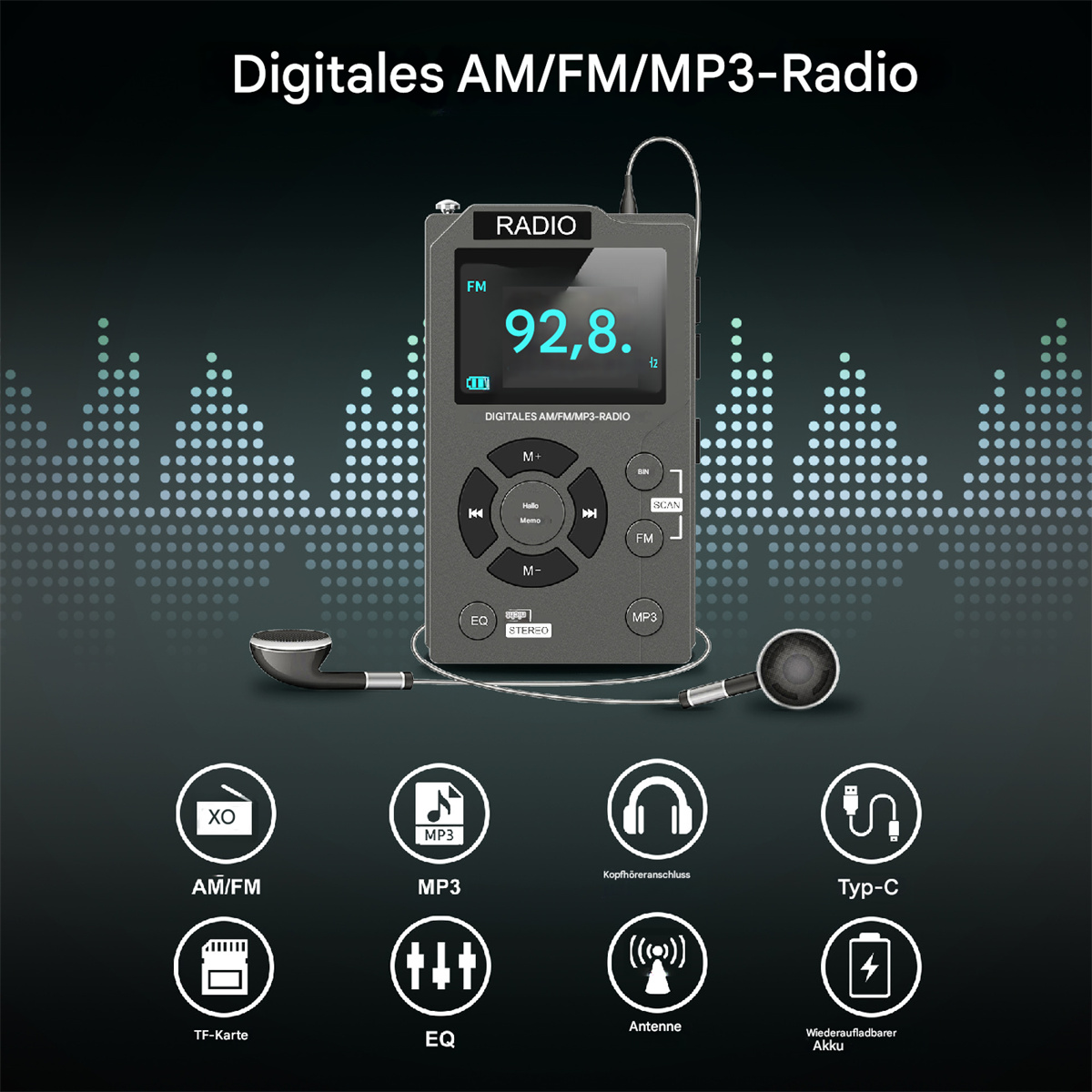 Ein graues tragbares Radio mit Kopfhörern, Symbolen und Display mit '92,8'.