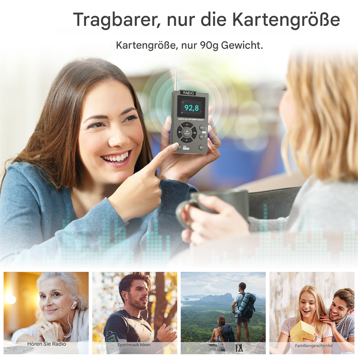 Zwei Frauen, eine zeigt auf ein Radio. Andere Bilder zeigen Personen, die das Radio benutzen.
