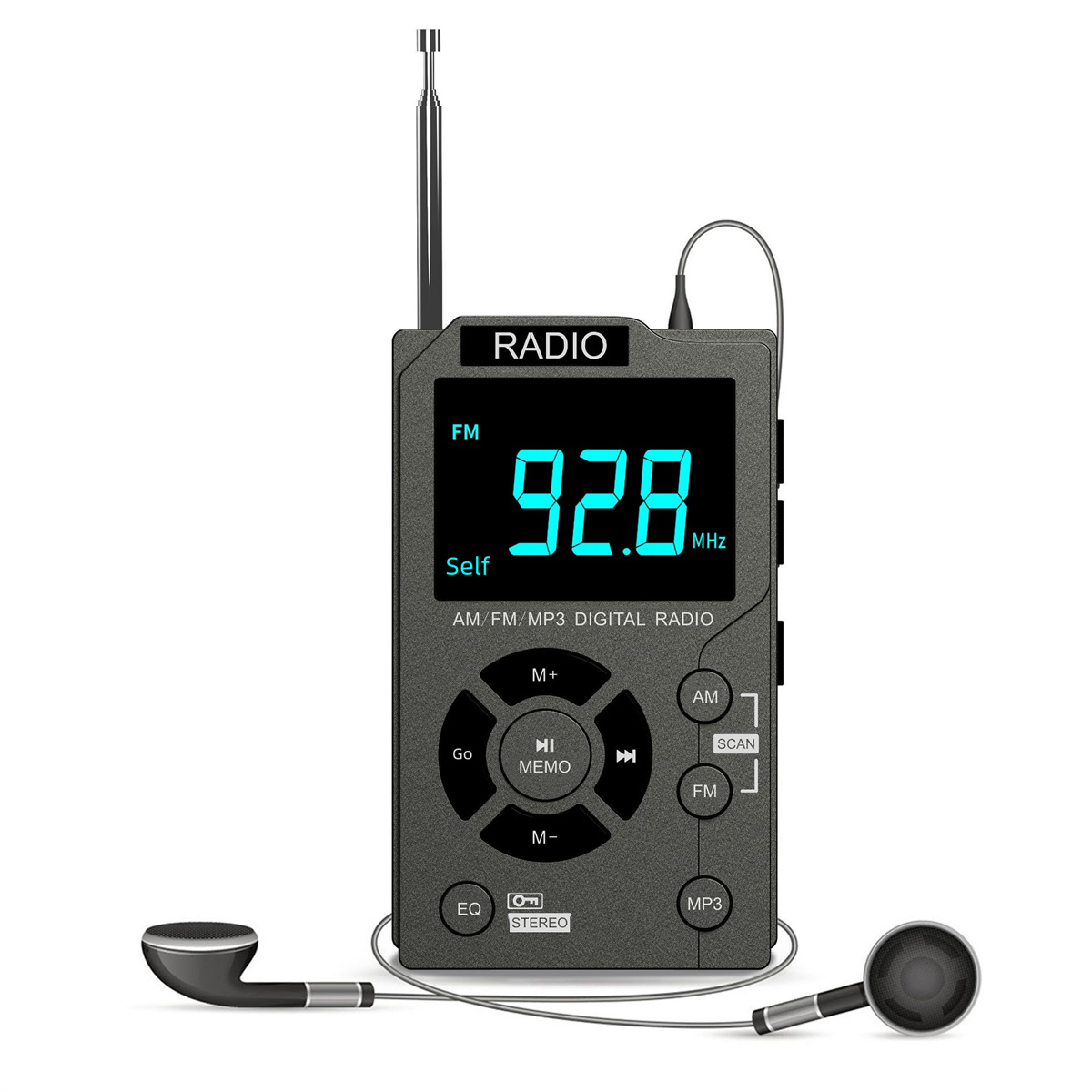 Digitalradio mit Kopfhörern. Display zeigt 92,8 MHz. Grau, Schwarz und Weiß.