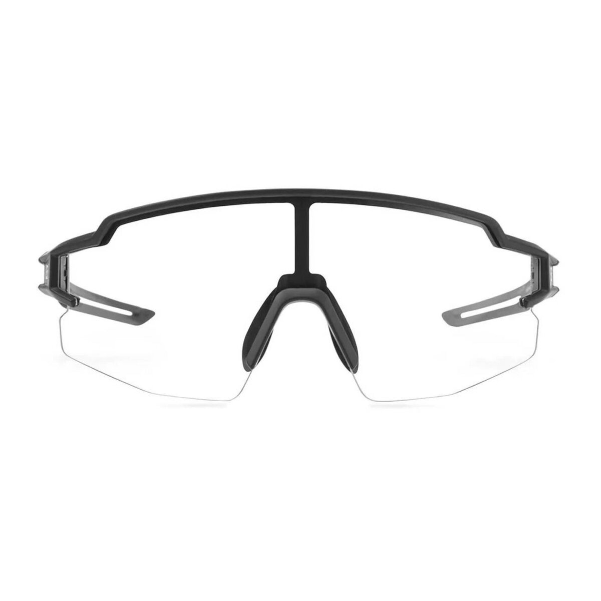 Schwarze, randlose Sportbrille mit klaren Gläsern. Sie haben ein stromlinienförmiges Design.